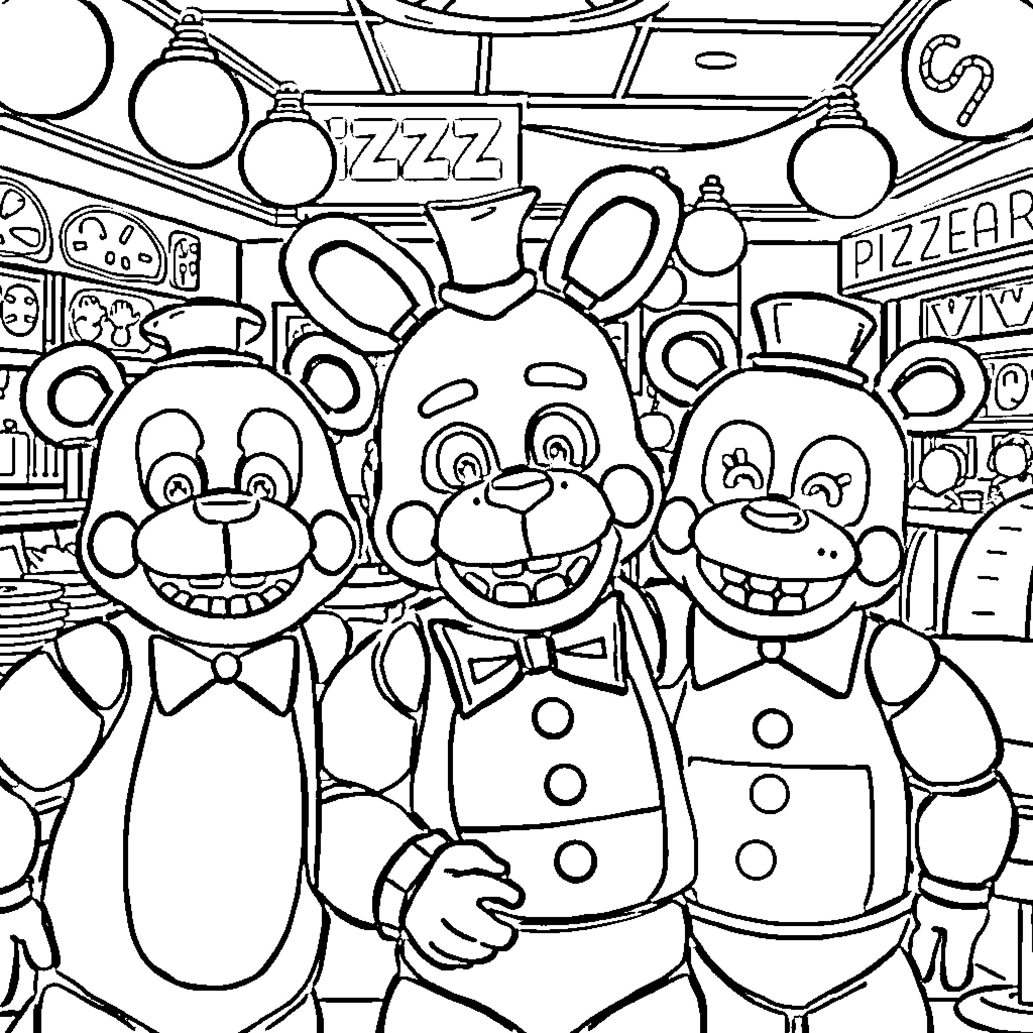 Freddy Fazbear and Friends in Pizzeria Scene Coloring Page (free black-and-white line drawing printable PDF for all, from beginners to advanced learners, including children, teens, adults, and seniors)