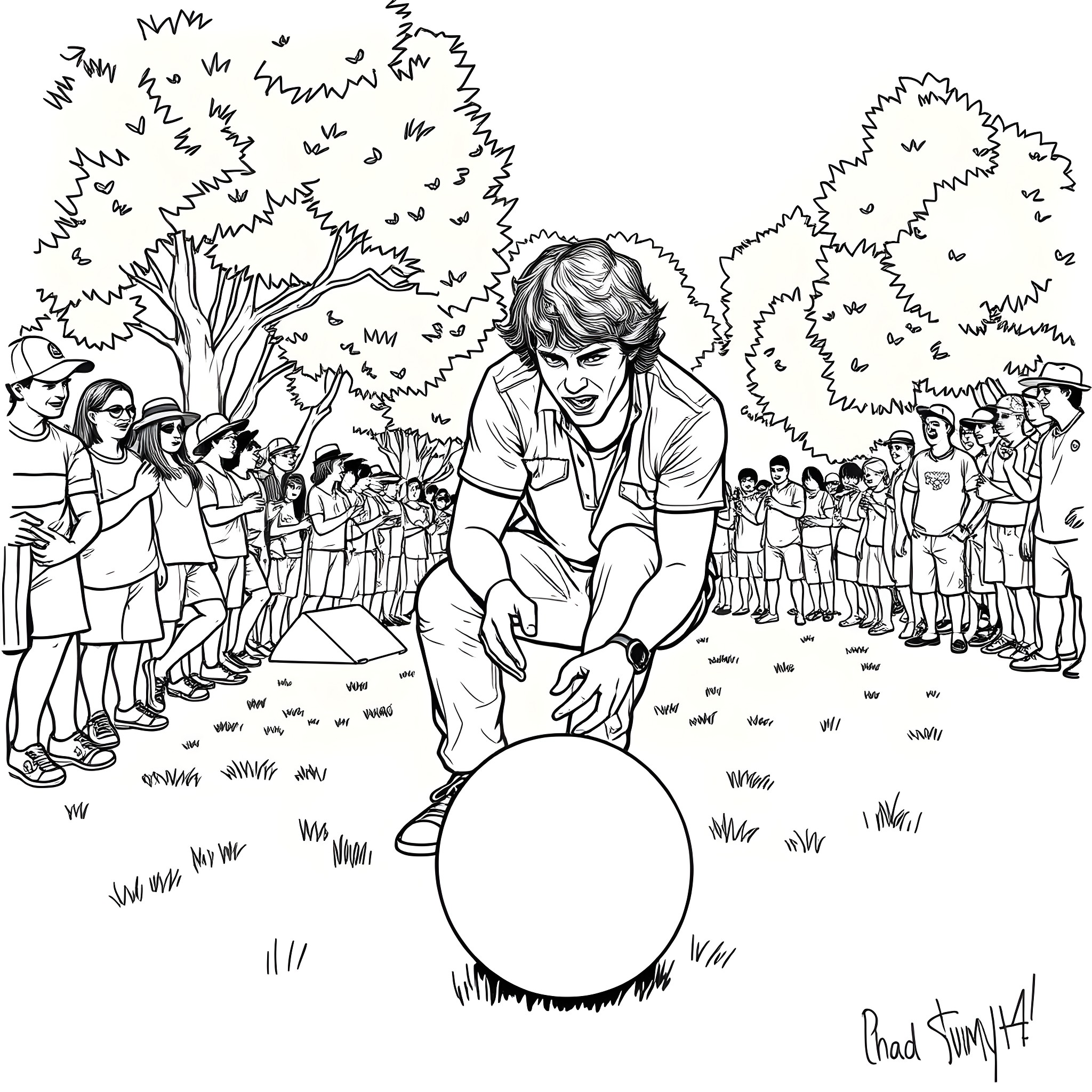 Chad Smith playing with a giant ball in a park Coloring Page (free black-and-white line drawing printable PDF for all, from beginners to advanced learners, including children, teens, adults, and seniors)
