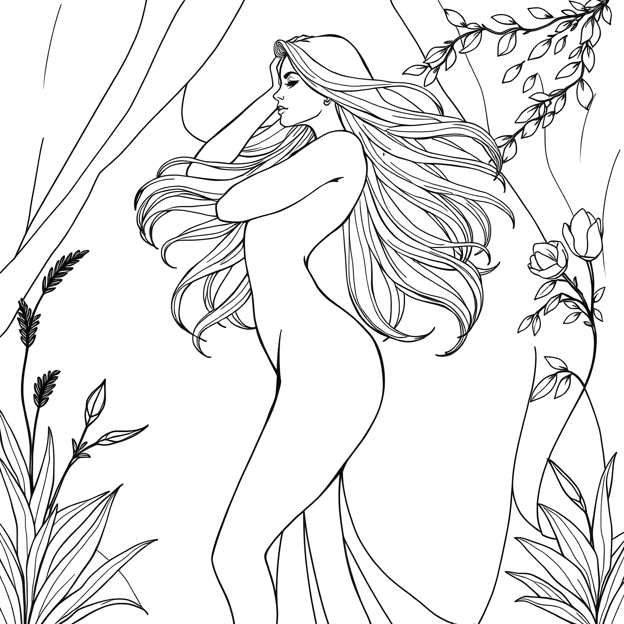 Woman with flowing hair surrounded by nature Coloring Page (free black-and-white line drawing printable PDF for all, from beginners to advanced learners, including children, teens, adults, and seniors)