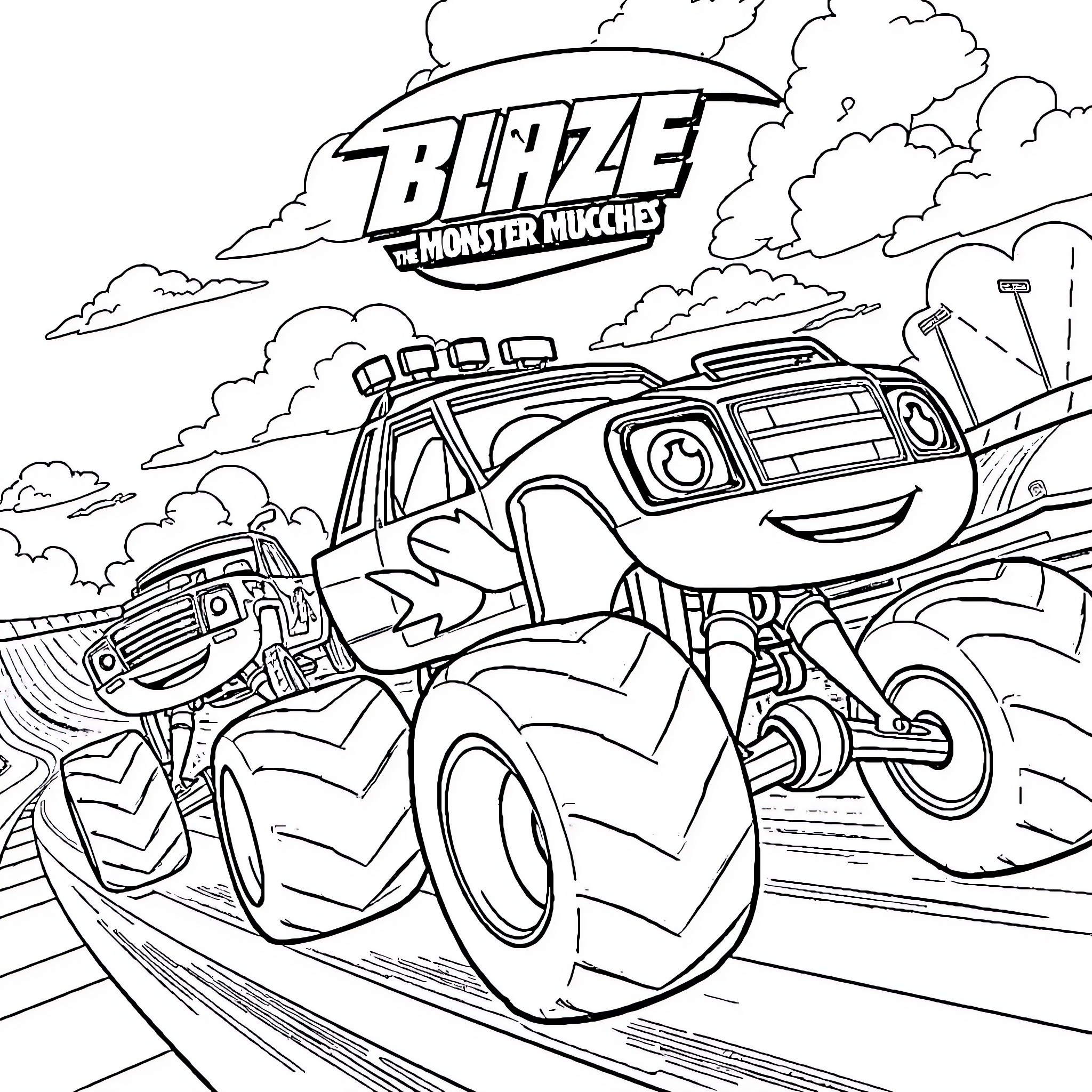 Blaze and the Monster Machines Racing Adventure Coloring Page (free black-and-white line drawing printable PDF for all, from beginners to advanced learners, including children, teens, adults, and seniors)