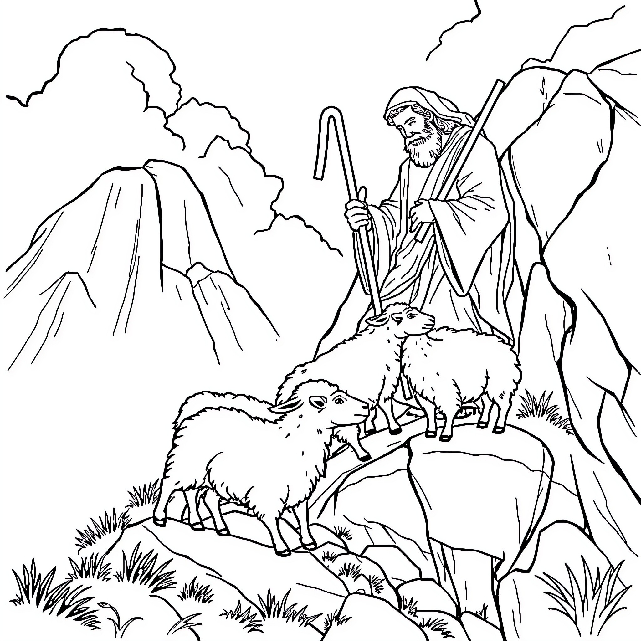 Shepherd tending to his flock in the mountainous landscape Coloring Page (free black-and-white line drawing printable PDF for all, from beginners to advanced learners, including children, teens, adults, and seniors)