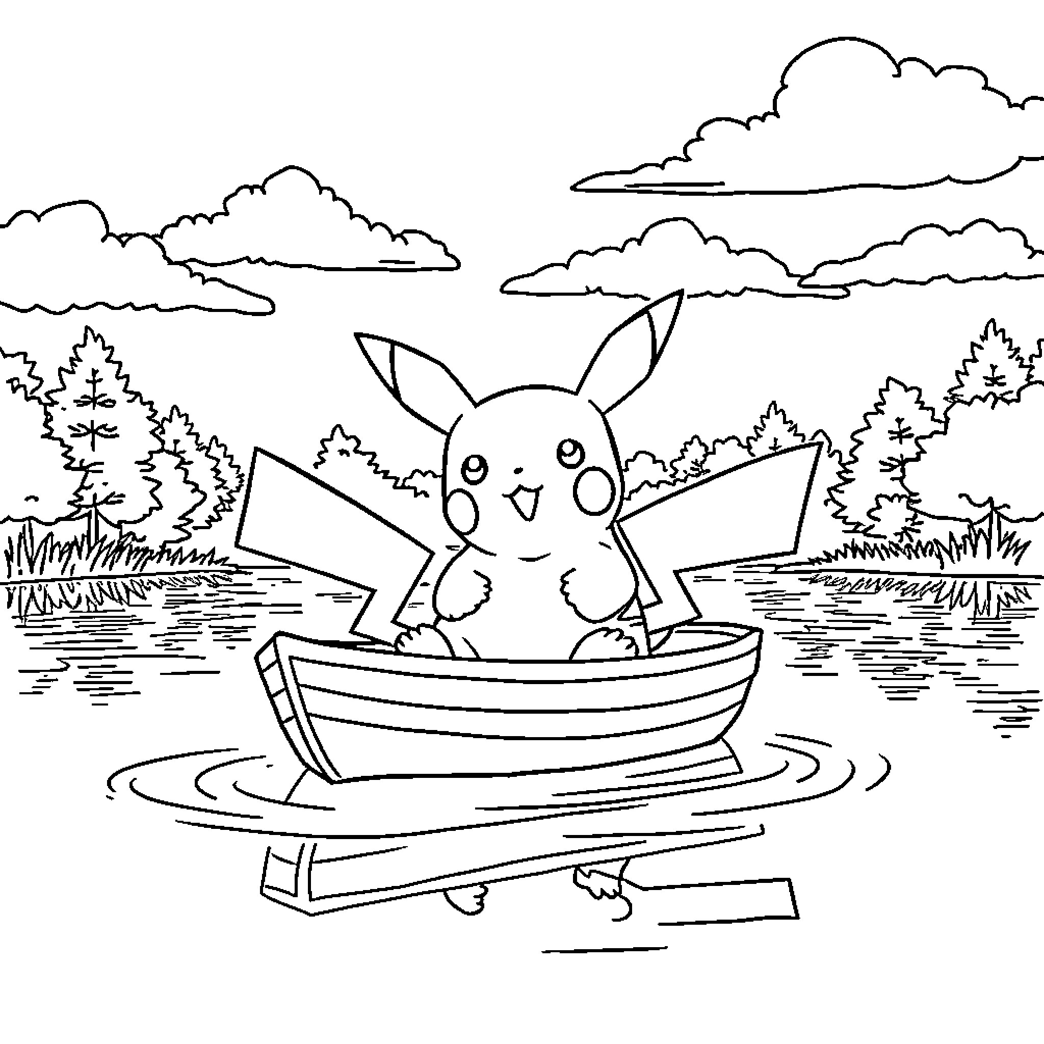Pikachu exploring the great outdoors in a boat Coloring Page (free black-and-white line drawing printable PDF for all, from beginners to advanced learners, including children, teens, adults, and seniors)