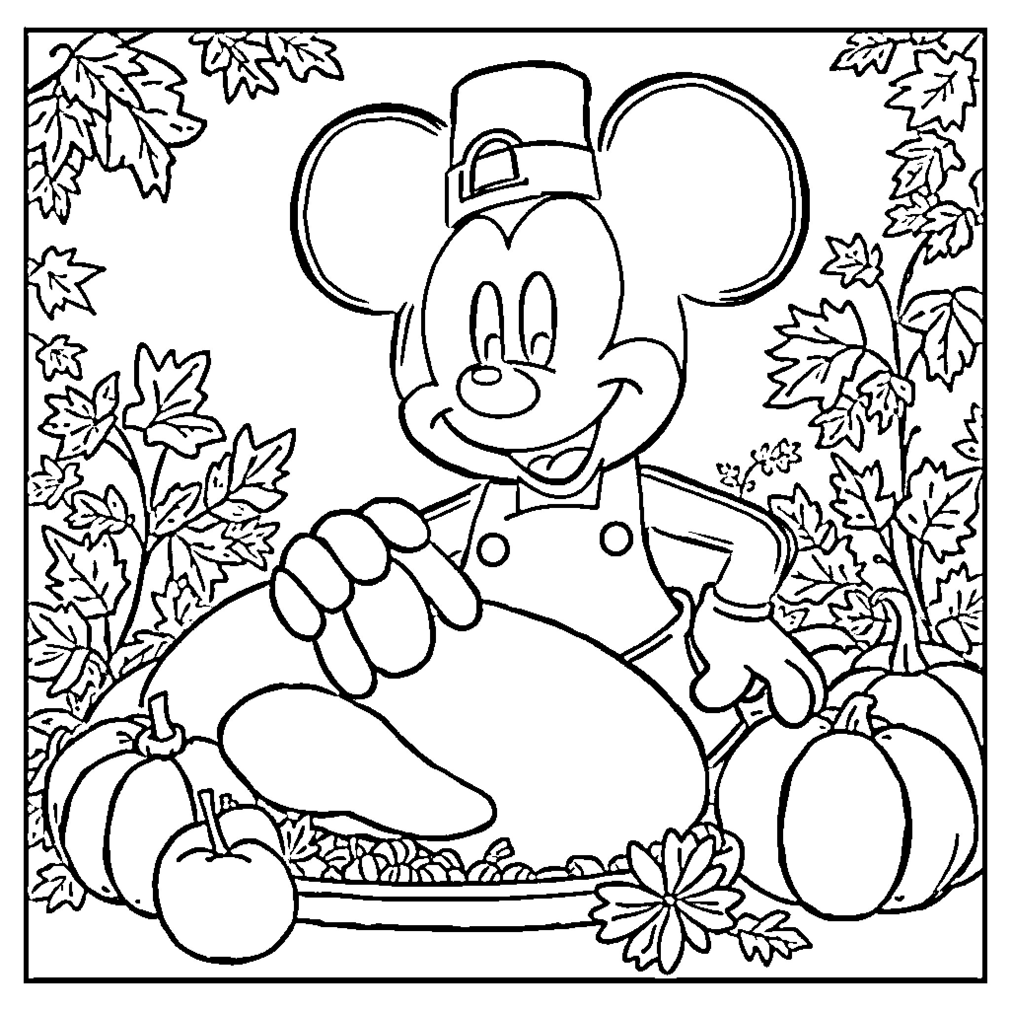Mickey Mouse enjoying autumn with pumpkins and leaves Coloring Page (free black-and-white line drawing printable PDF for all, from beginners to advanced learners, including children, teens, adults, and seniors)