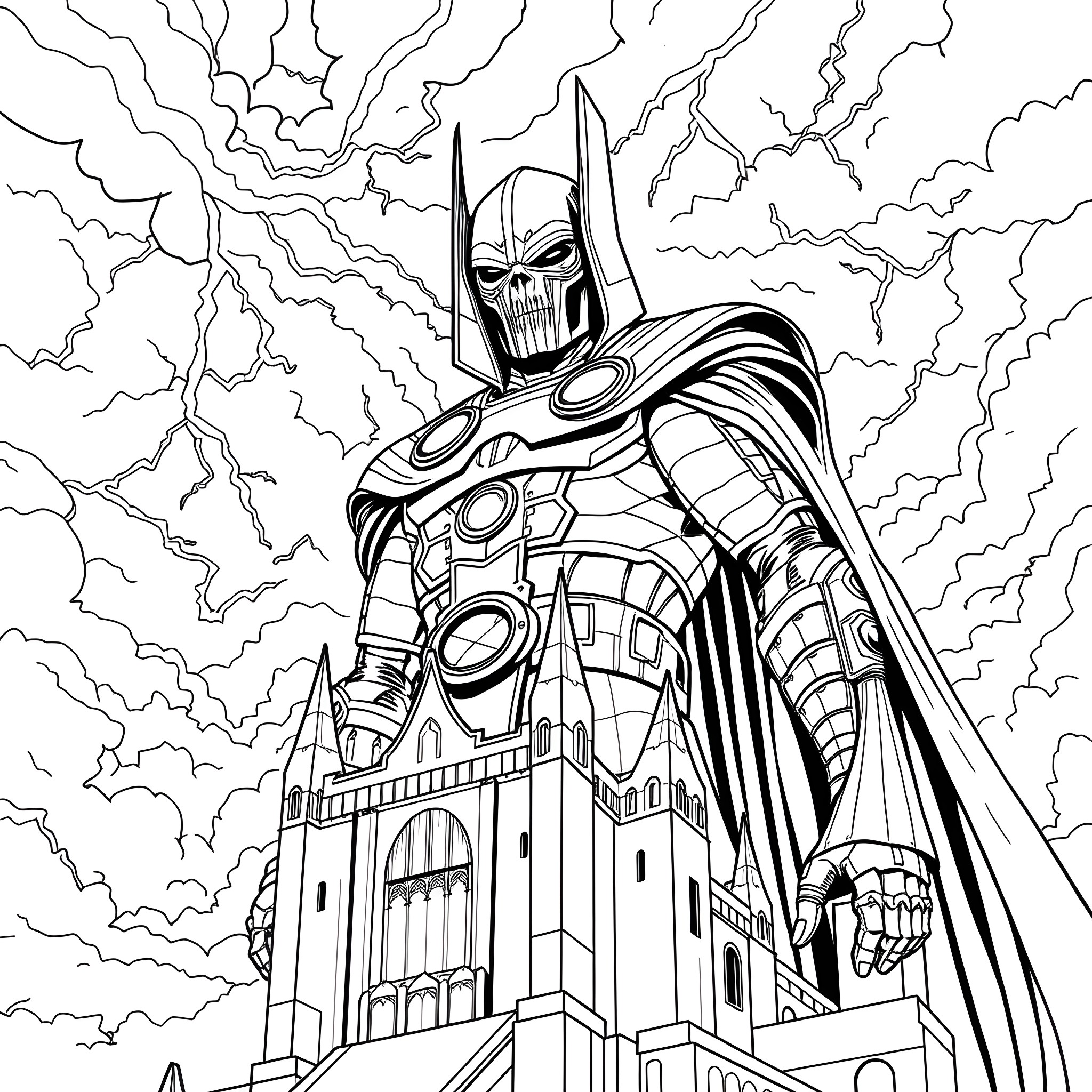Doctor Doom Unleashing His Wrath Coloring Page (free black-and-white line drawing printable PDF for all, from beginners to advanced learners, including children, teens, adults, and seniors)
