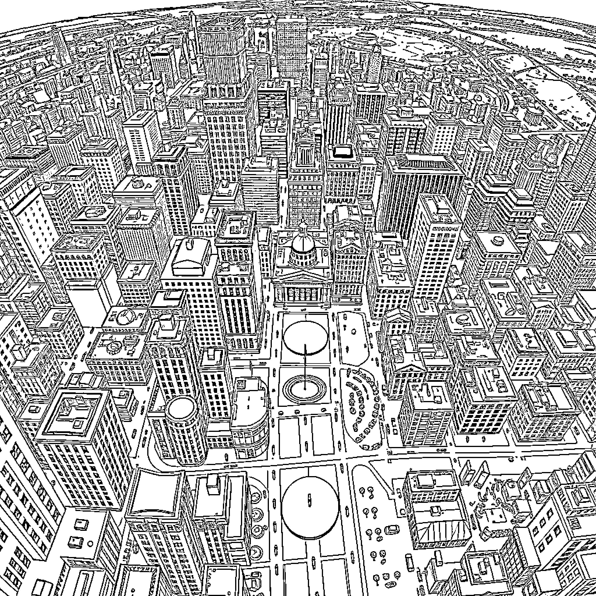 City Map of a Bustling Metropolitan Landscape Coloring Page (free black-and-white line drawing printable PDF for all, from beginners to advanced learners, including children, teens, adults, and seniors)