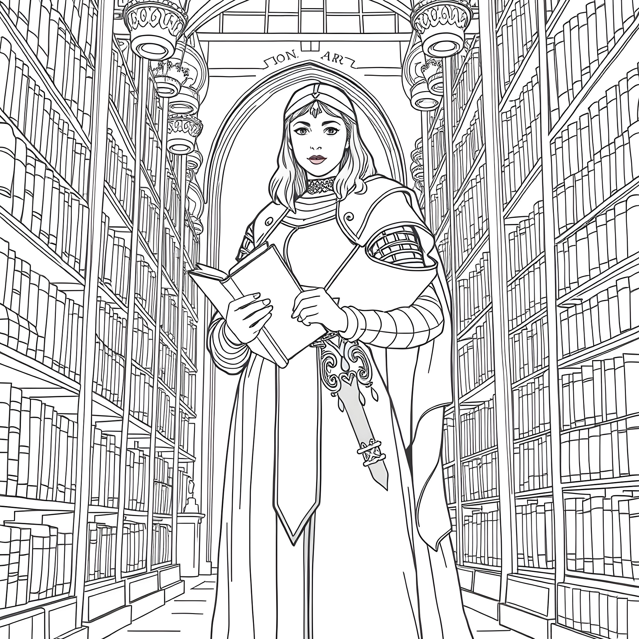 Joan Of Arc standing in an ornate archway with a book Coloring Page (free black-and-white line drawing printable PDF for all, from beginners to advanced learners, including children, teens, adults, and seniors)
