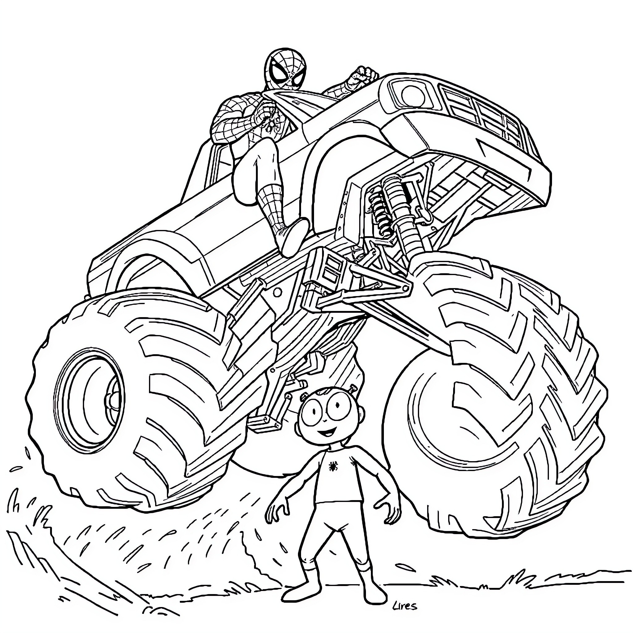 Spidey's Monster Truck Adventure Coloring Page (free black-and-white line drawing printable PDF for all, from beginners to advanced learners, including children, teens, adults, and seniors)