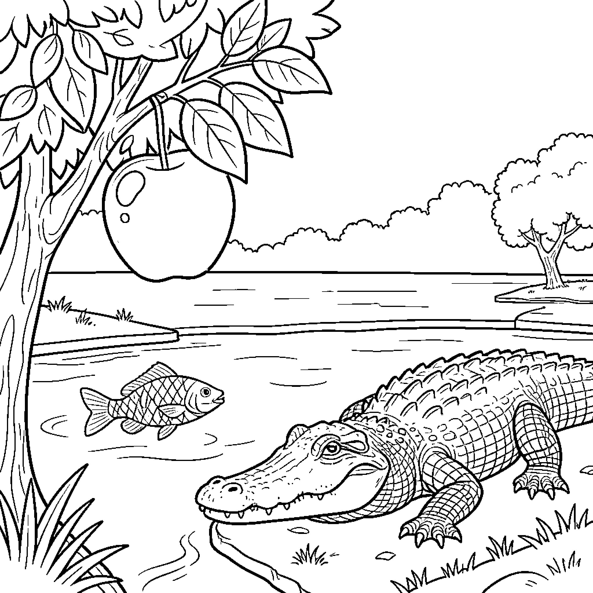 Fruit Tree and Critters in Nature Scene Coloring Page (free black-and-white line drawing printable PDF for all, from beginners to advanced learners, including children, teens, adults, and seniors)