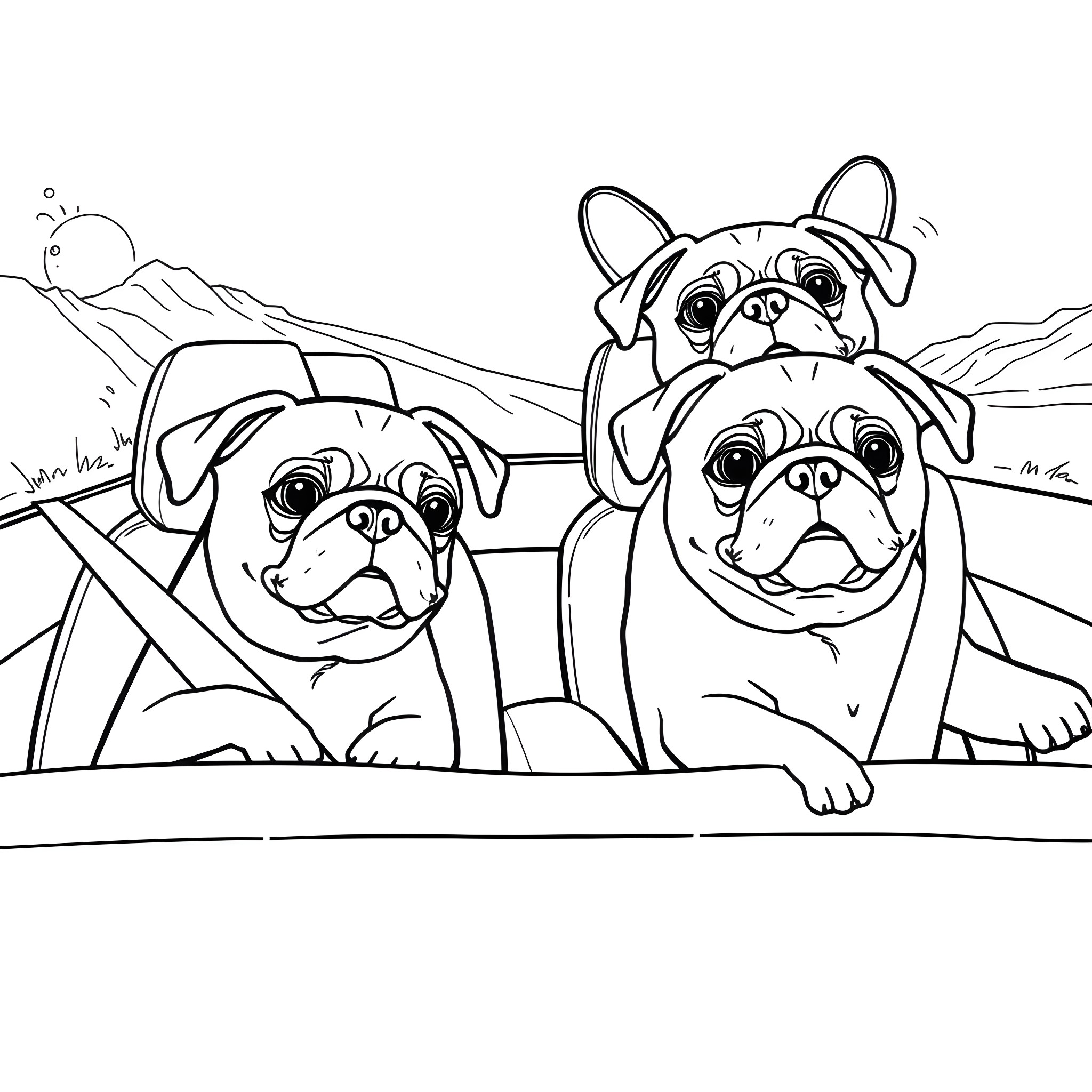 Pug puppies playing in the countryside Coloring Page (free black-and-white line drawing printable PDF for all, from beginners to advanced learners, including children, teens, adults, and seniors)