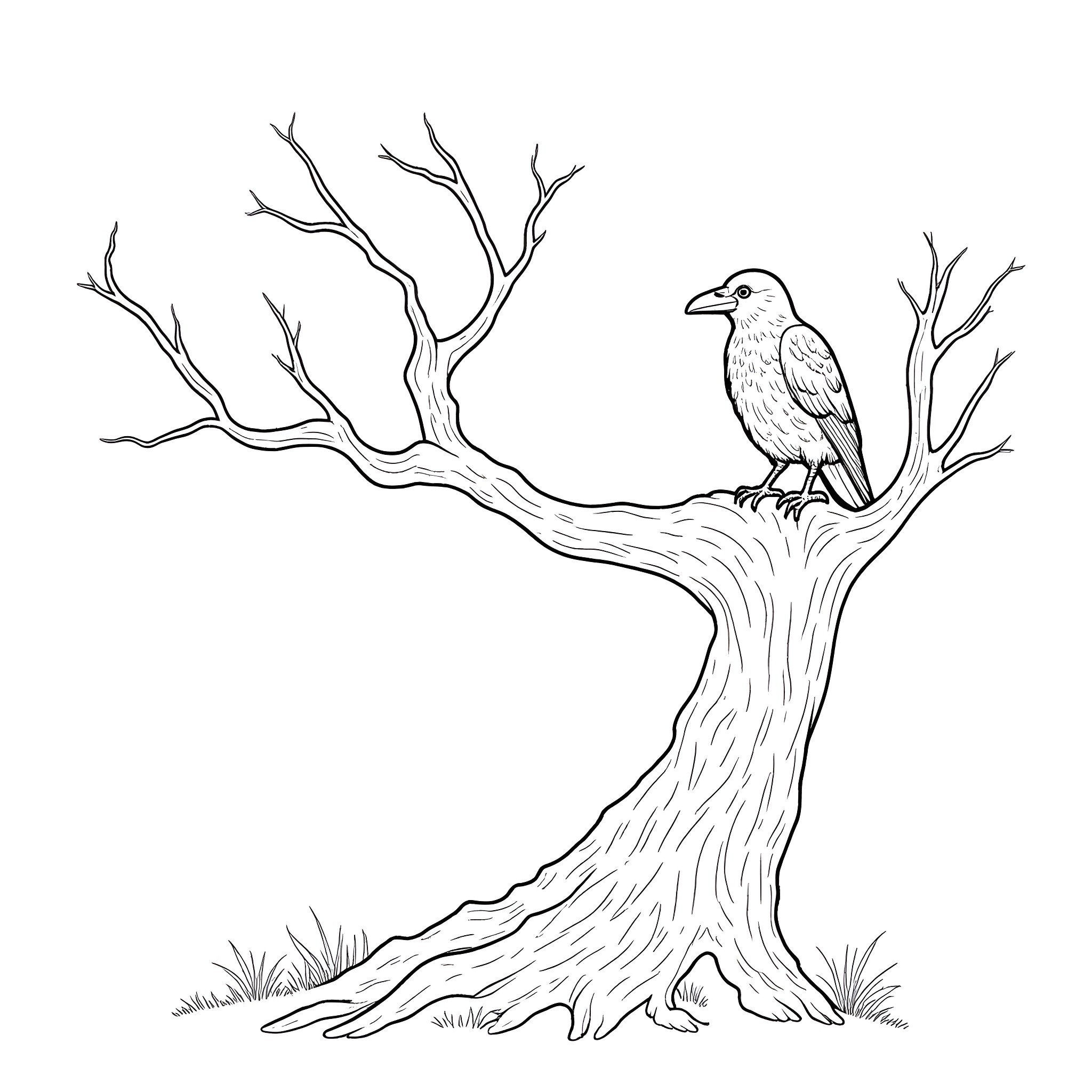 Raven perching on a twisted tree Coloring Page (free black-and-white line drawing printable PDF for all, from beginners to advanced learners, including children, teens, adults, and seniors)