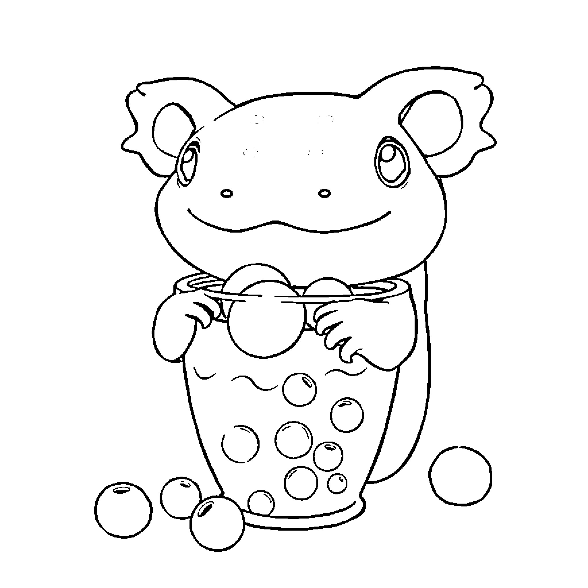Axolotl enjoying bubbly fun Coloring Page (free black-and-white line drawing printable PDF for all, from beginners to advanced learners, including children, teens, adults, and seniors)