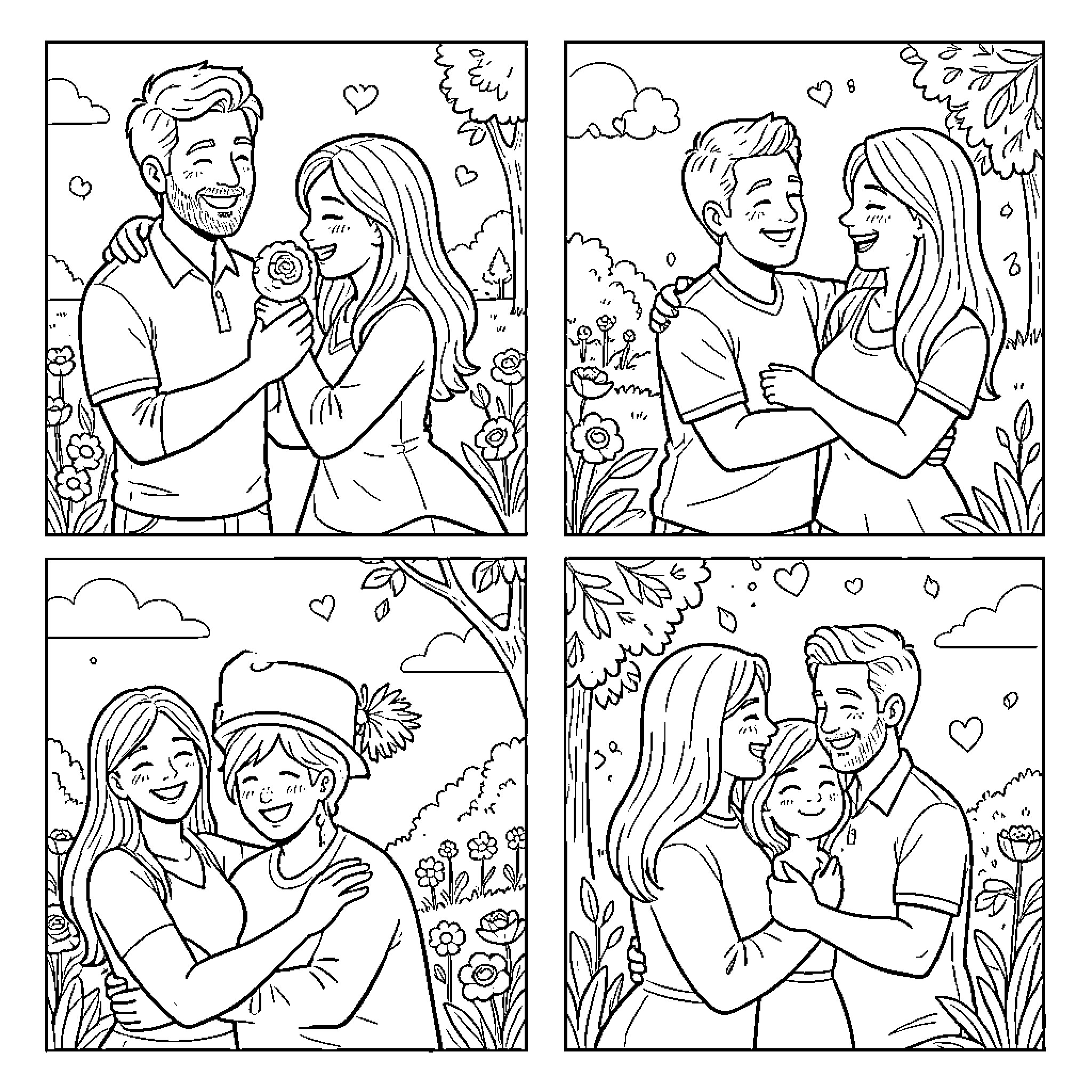 Couple sharing romantic moments and smiling together Coloring Page (free black-and-white line drawing printable PDF for all, from beginners to advanced learners, including children, teens, adults, and seniors)