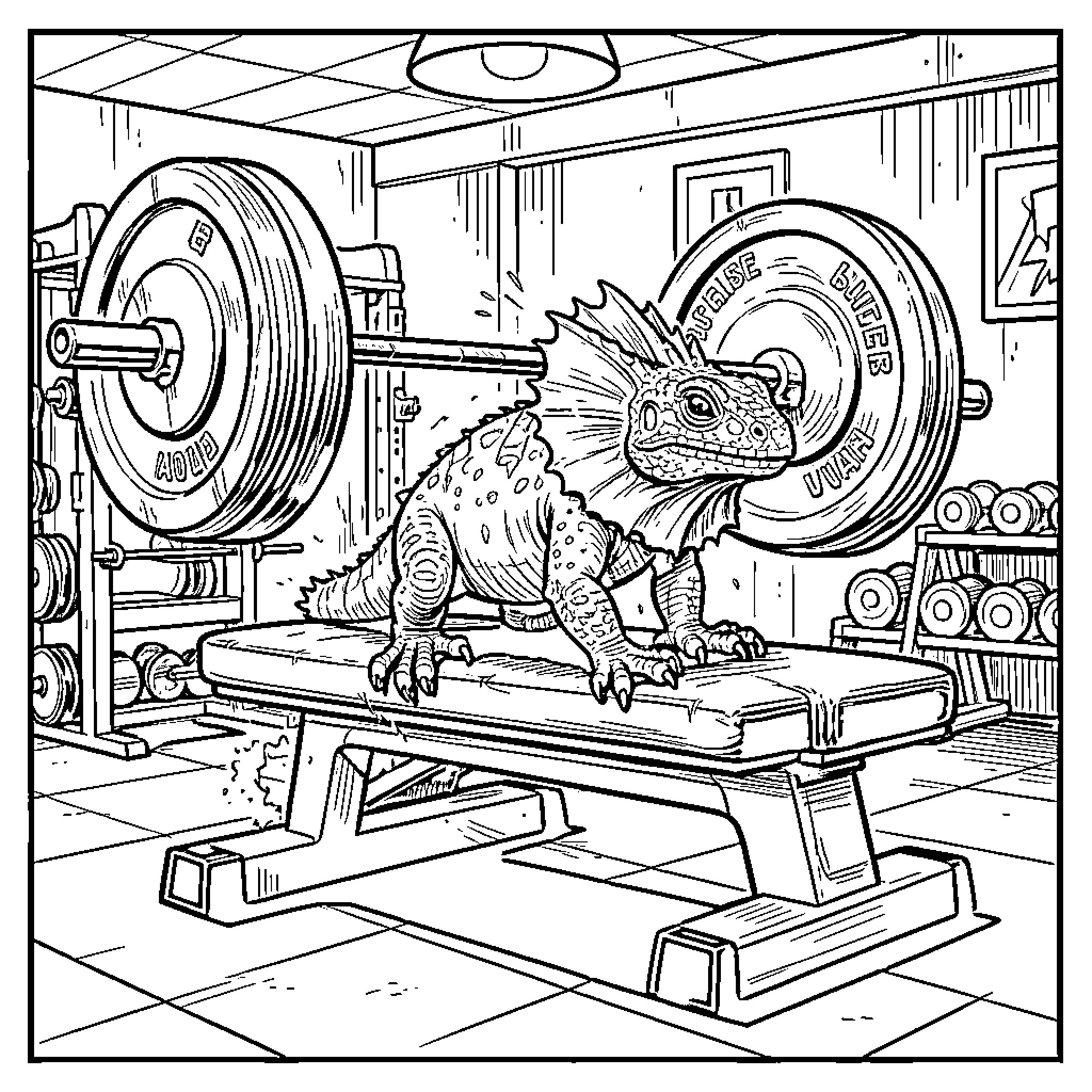 Frilled Neck Lizard in a Scientific Laboratory Coloring Page (free black-and-white line drawing printable PDF for all, from beginners to advanced learners, including children, teens, adults, and seniors)