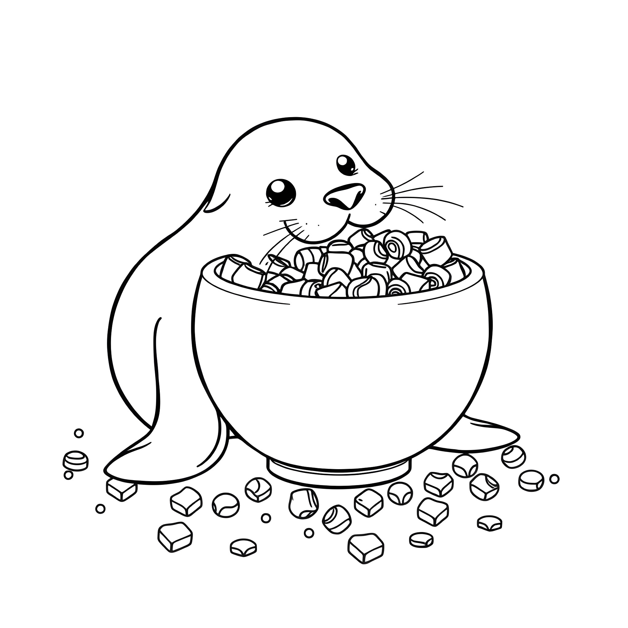 Seal enjoying a bowl of treats Coloring Page (free black-and-white line drawing printable PDF for all, from beginners to advanced learners, including children, teens, adults, and seniors)