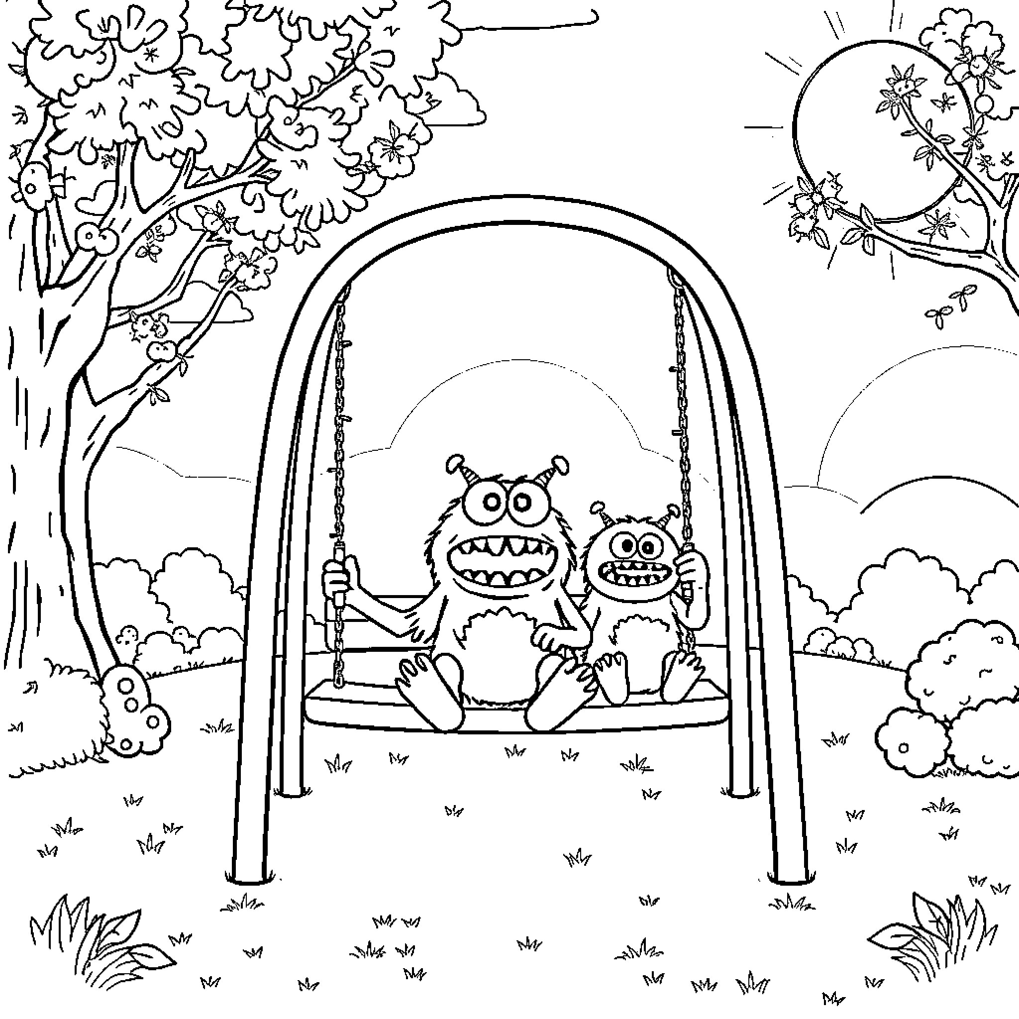 Labubu's Fun in the Garden Swing Coloring Page (free black-and-white line drawing printable PDF for all, from beginners to advanced learners, including children, teens, adults, and seniors)