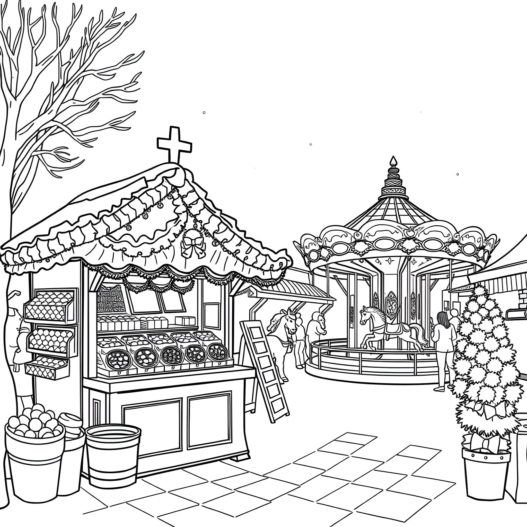 Christmas Market with Festive Stalls and Carousel Coloring Page (free black-and-white line drawing printable PDF for all, from beginners to advanced learners, including children, teens, adults, and seniors)