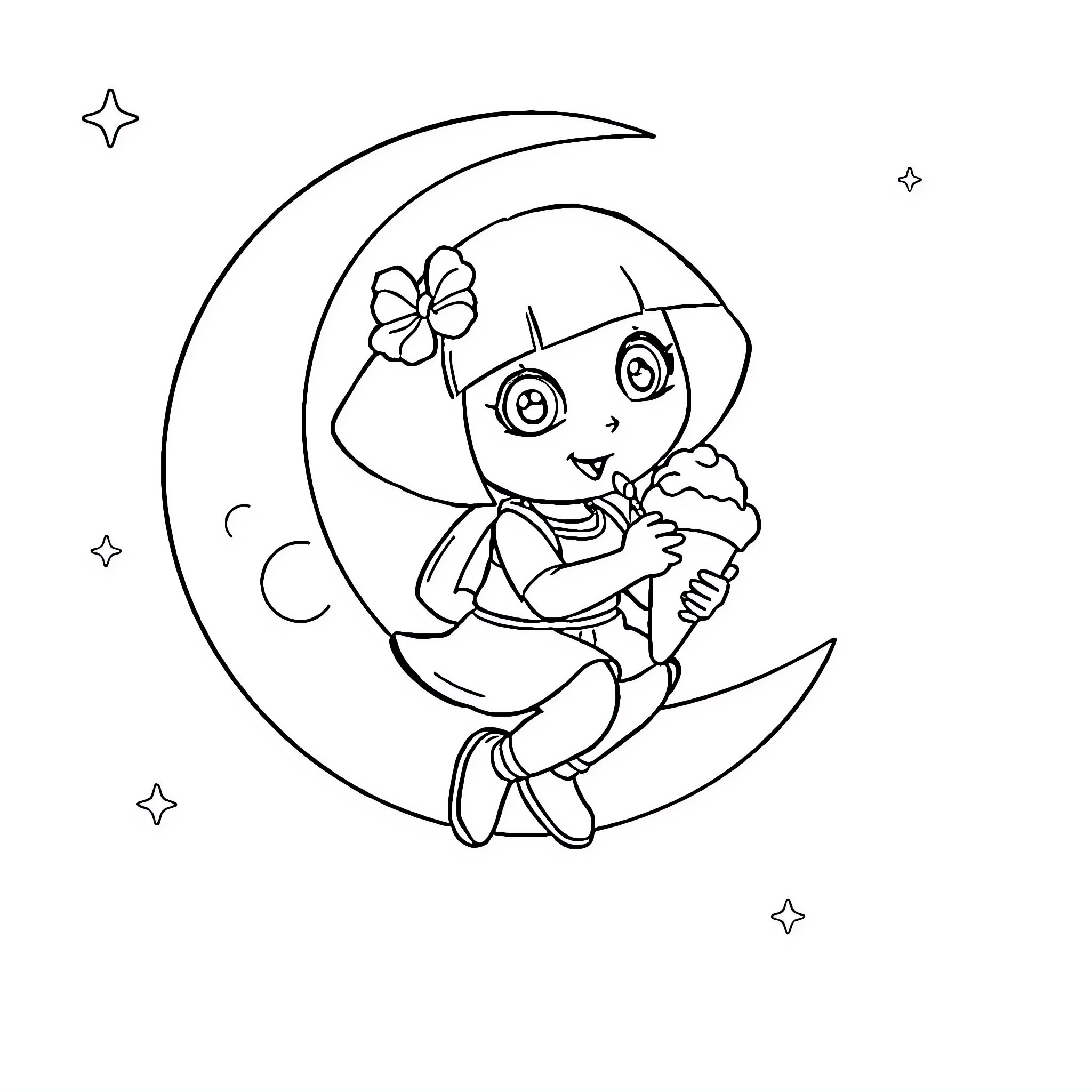Dora sitting on a crescent moon eating an ice cream Coloring Page (free black-and-white line drawing printable PDF for all, from beginners to advanced learners, including children, teens, adults, and seniors)