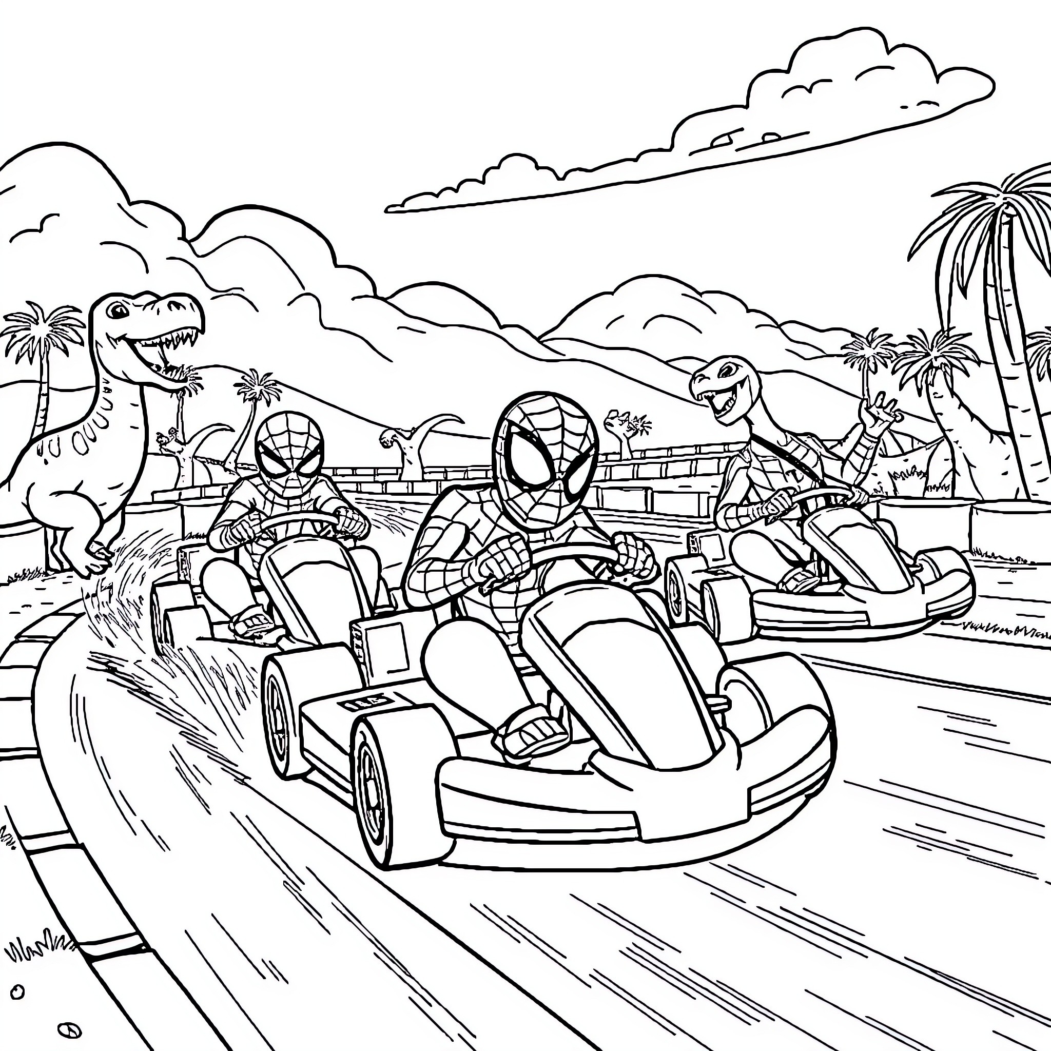 Spidey racers enjoy high-speed adventure in tropical paradise Coloring Page (free black-and-white line drawing printable PDF for all, from beginners to advanced learners, including children, teens, adults, and seniors)