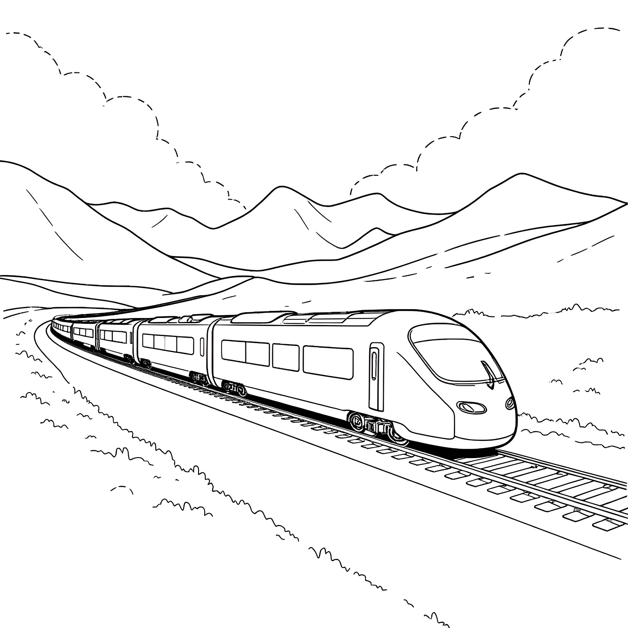 Train speeding through the scenic mountains Coloring Page (free black-and-white line drawing printable PDF for all, from beginners to advanced learners, including children, teens, adults, and seniors)