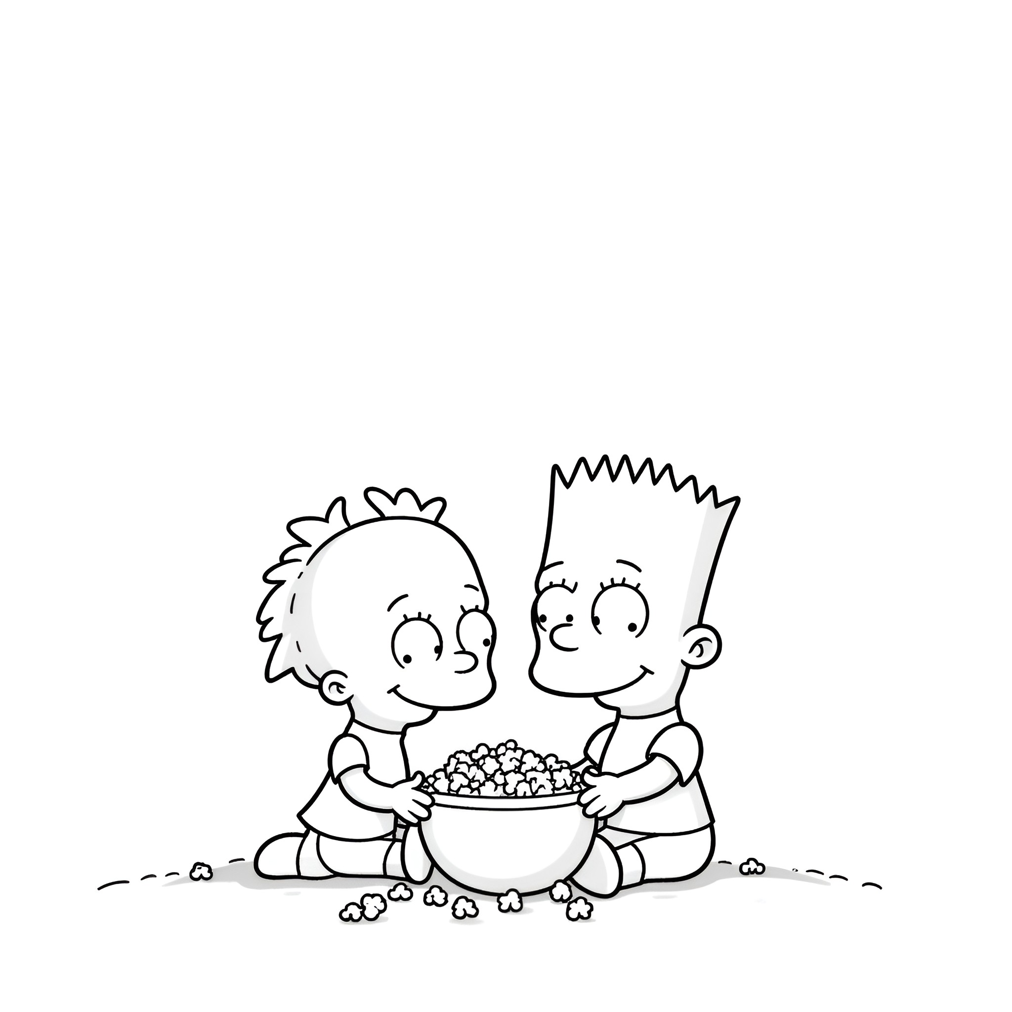 Tommy and friend sharing a bowl of popcorn Coloring Page (free black-and-white line drawing printable PDF for all, from beginners to advanced learners, including children, teens, adults, and seniors)