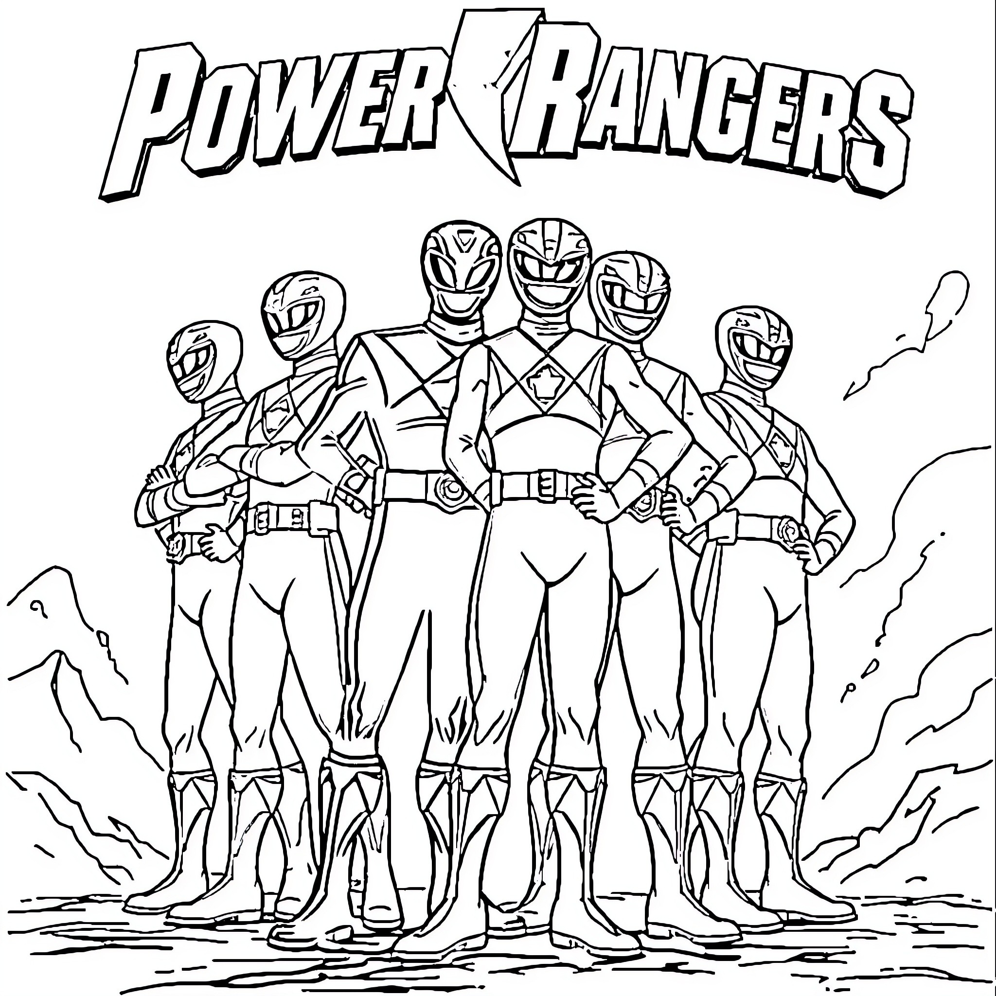 Power Rangers in action-packed team pose Coloring Page (free black-and-white line drawing printable PDF for all, from beginners to advanced learners, including children, teens, adults, and seniors)