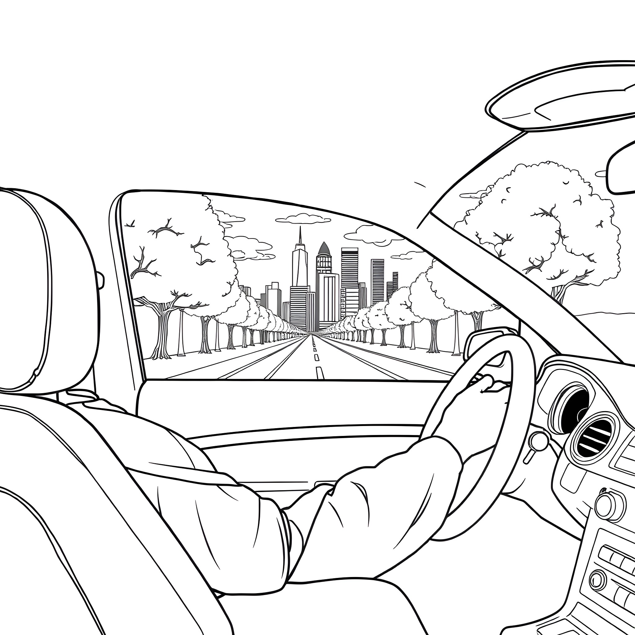 Car driving through urban landscape Coloring Page (free black-and-white line drawing printable PDF for all, from beginners to advanced learners, including children, teens, adults, and seniors)