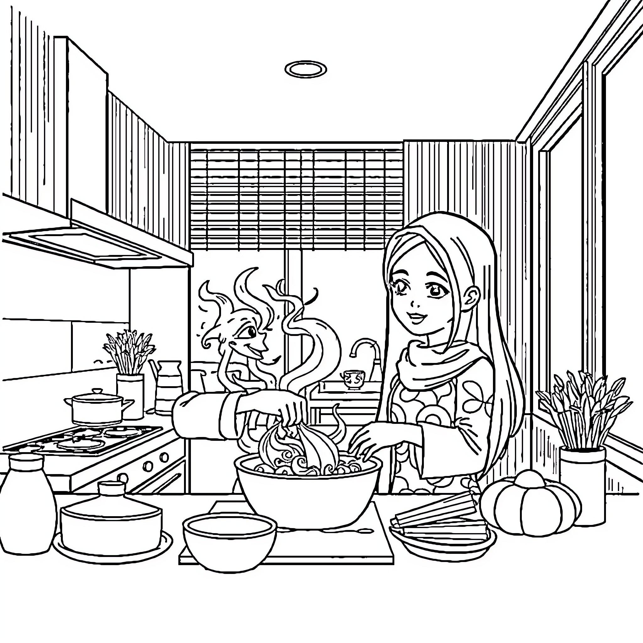 Pemuda Cooking Delicious Meal in Modern Kitchen Coloring Page (free black-and-white line drawing printable PDF for all, from beginners to advanced learners, including children, teens, adults, and seniors)