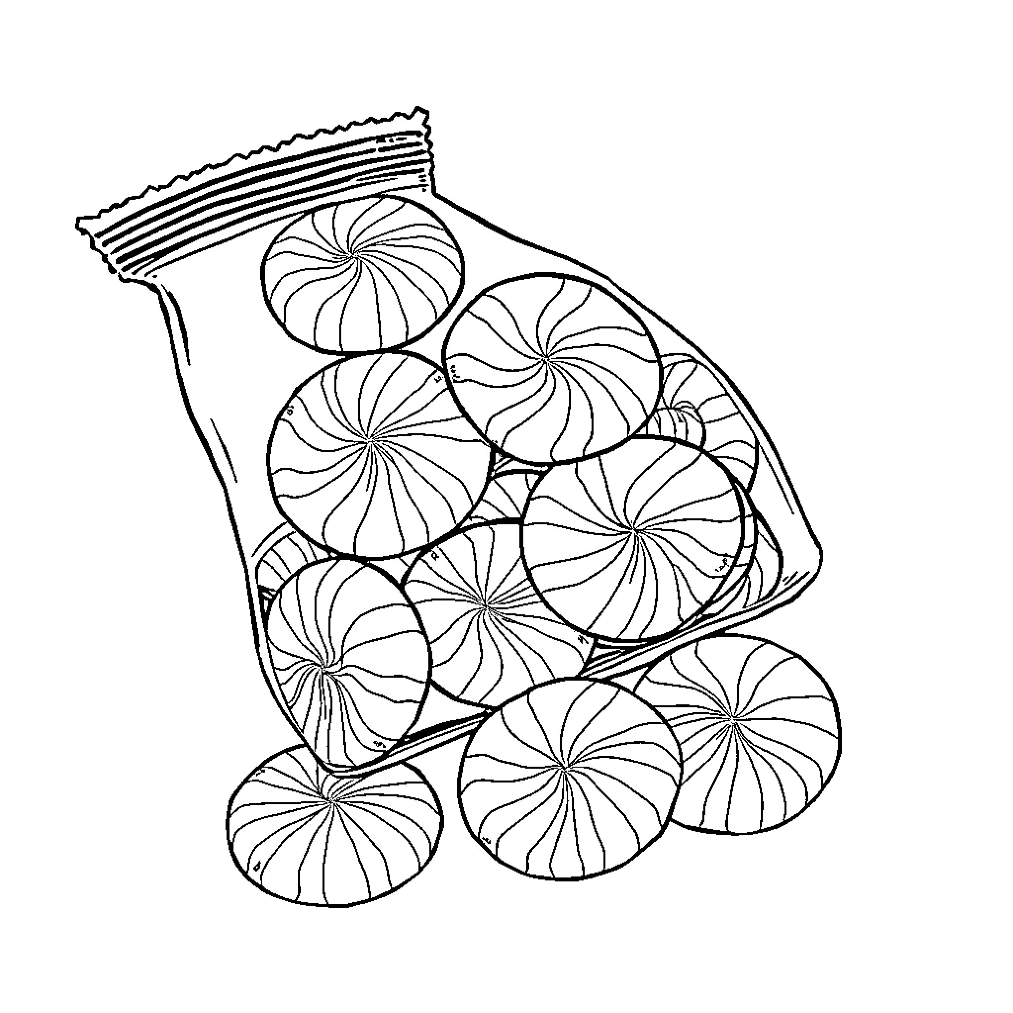 Peppermint Patty's Colorful Candy Delight Coloring Page (free black-and-white line drawing printable PDF for all, from beginners to advanced learners, including children, teens, adults, and seniors)