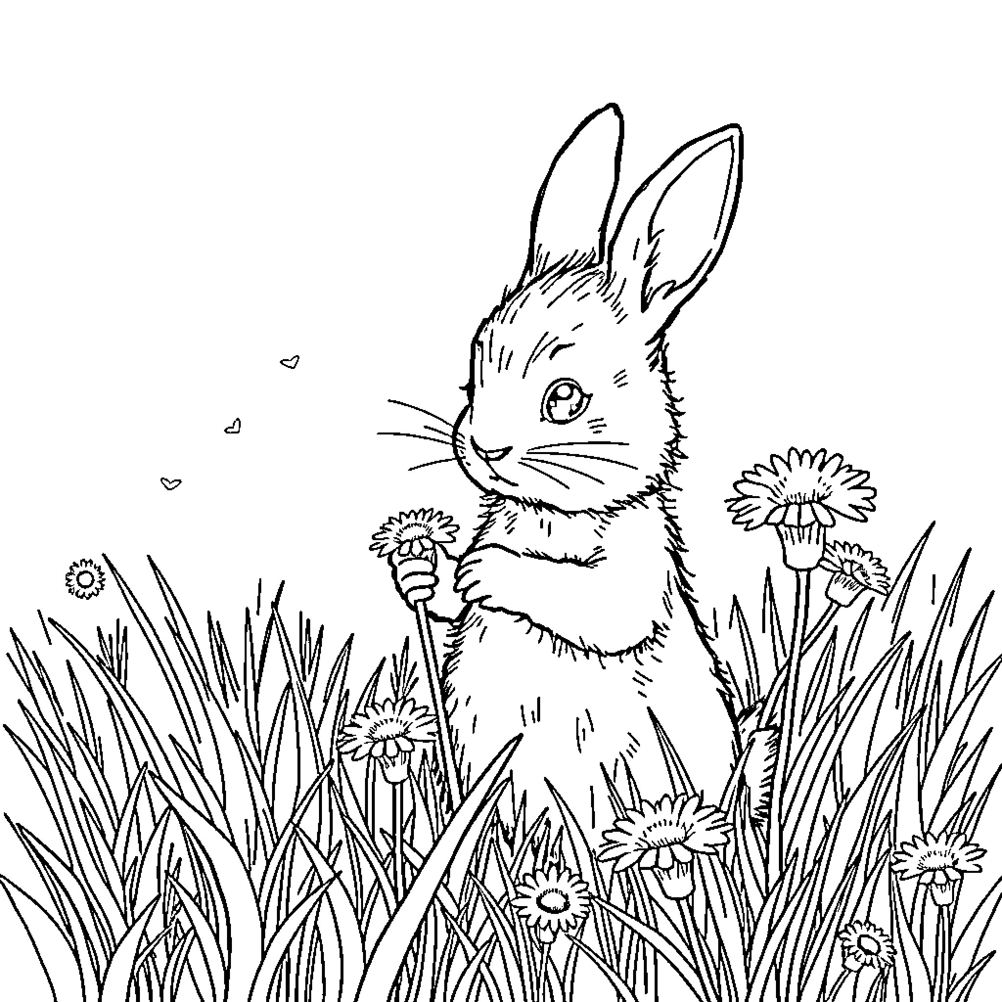 Peter Rabbit exploring the flower-filled meadow Coloring Page (free black-and-white line drawing printable PDF for all, from beginners to advanced learners, including children, teens, adults, and seniors)