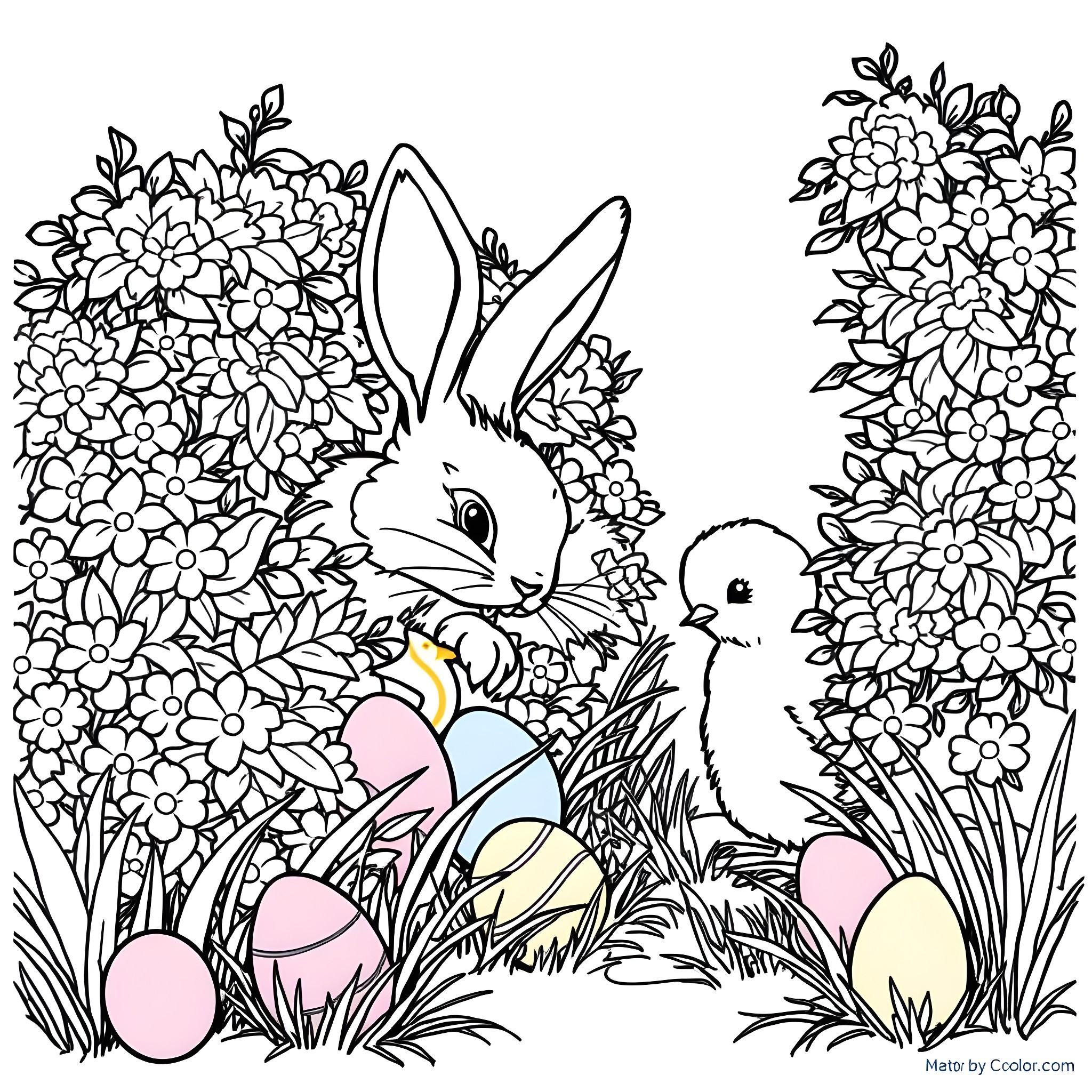 Bunny and chick among blooming flowers Coloring Page (free black-and-white line drawing printable PDF for all, from beginners to advanced learners, including children, teens, adults, and seniors)