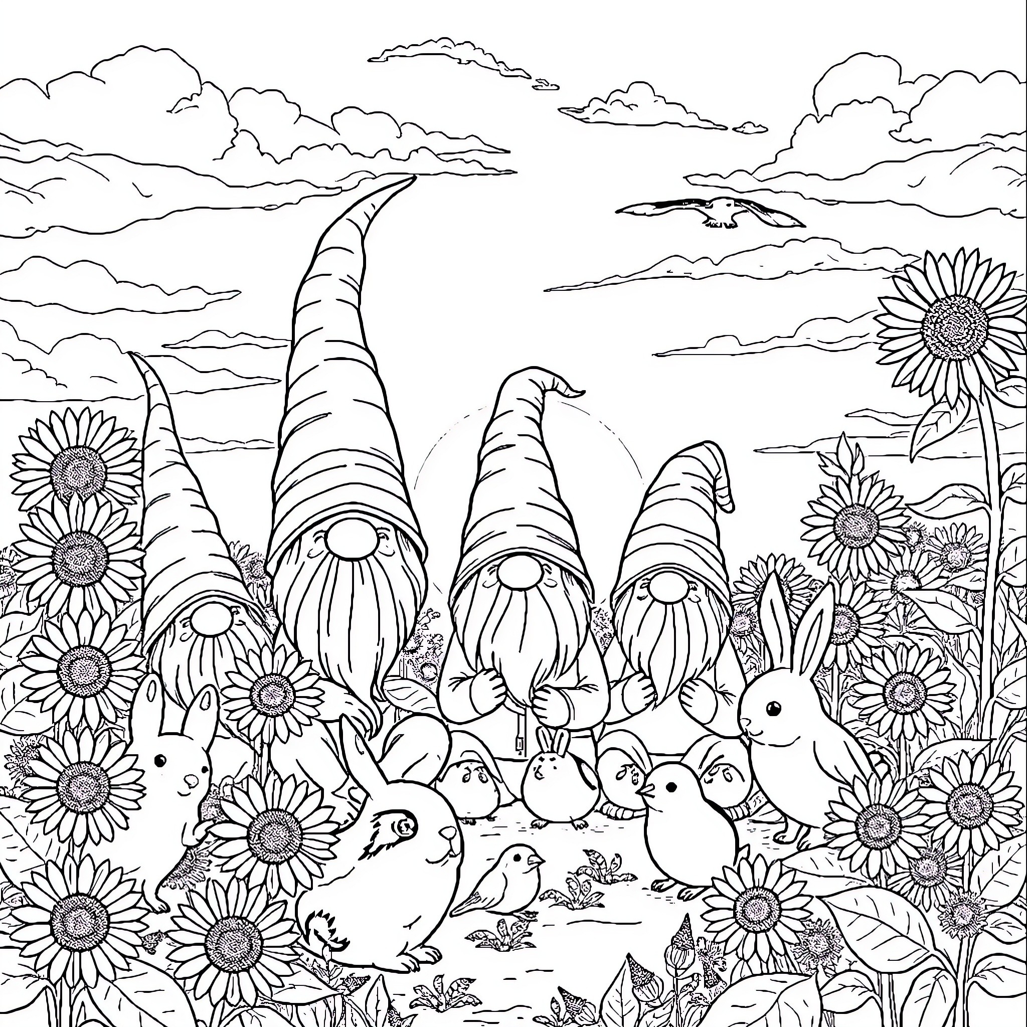 Gnome family in a sunflower garden Coloring Page (free black-and-white line drawing printable PDF for all, from beginners to advanced learners, including children, teens, adults, and seniors)