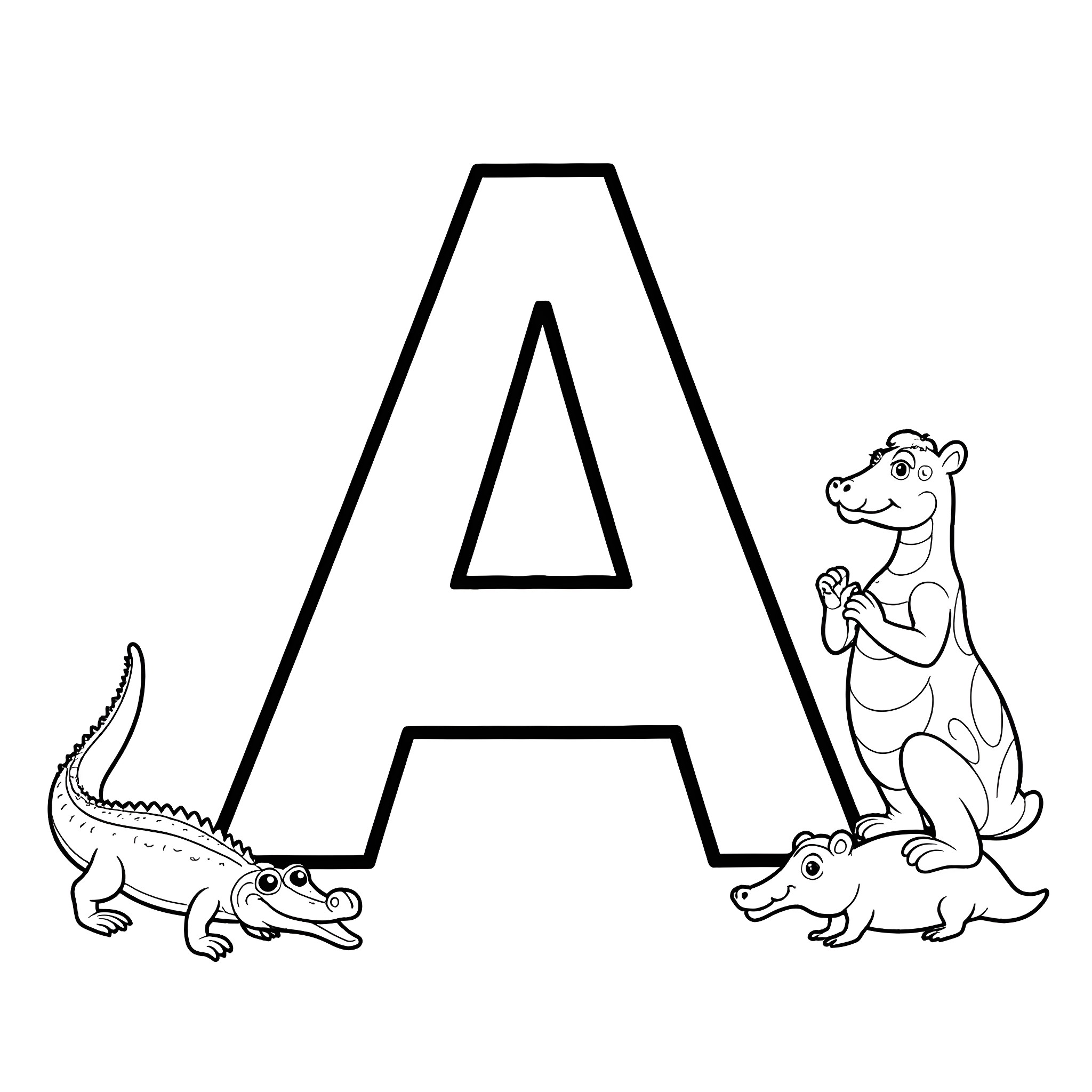 Animal alphabet letter A with alligator and armadillo Coloring Page (free black-and-white line drawing printable PDF for all, from beginners to advanced learners, including children, teens, adults, and seniors)