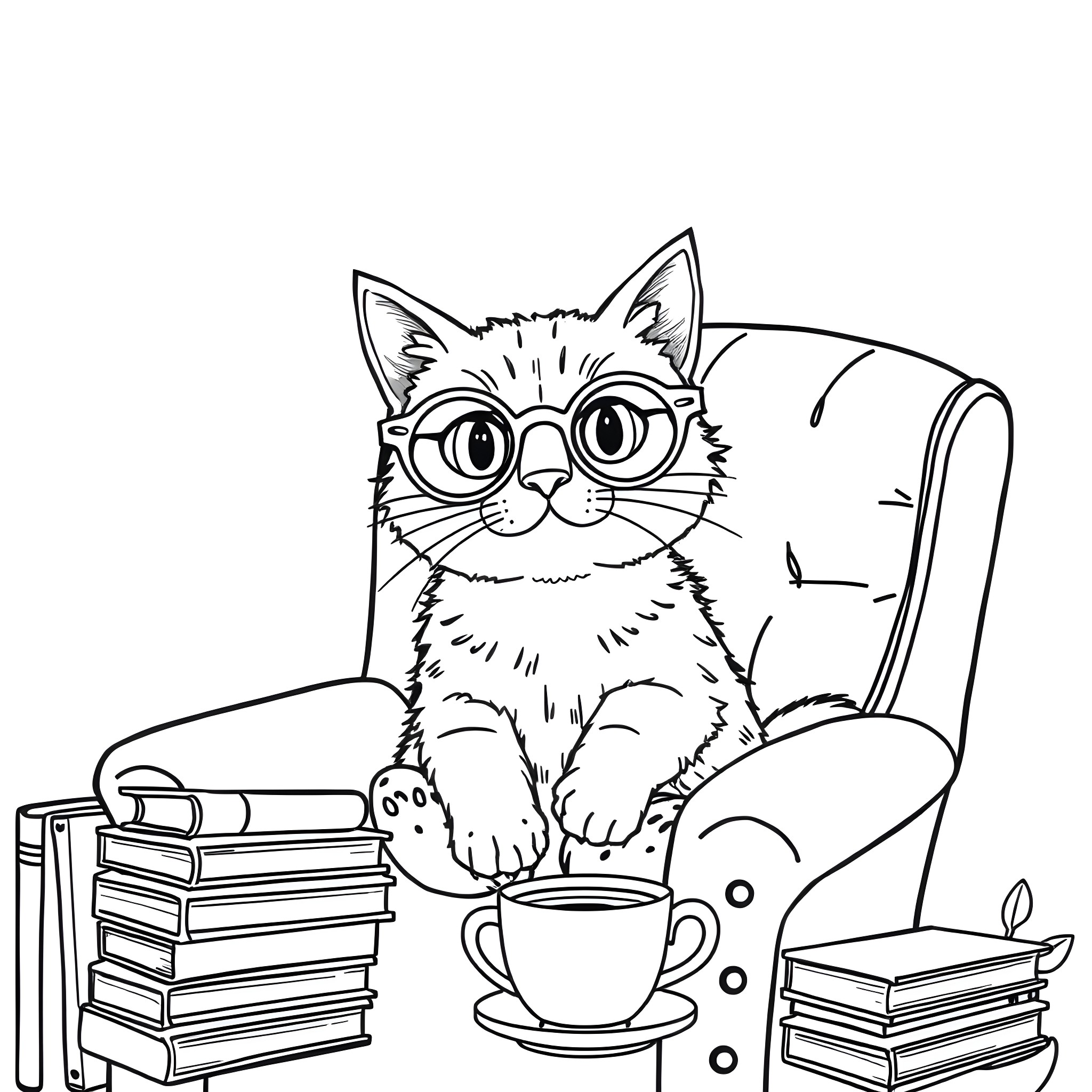 Cat reading a book and enjoying a cup of tea Coloring Page (free black-and-white line drawing printable PDF for all, from beginners to advanced learners, including children, teens, adults, and seniors)