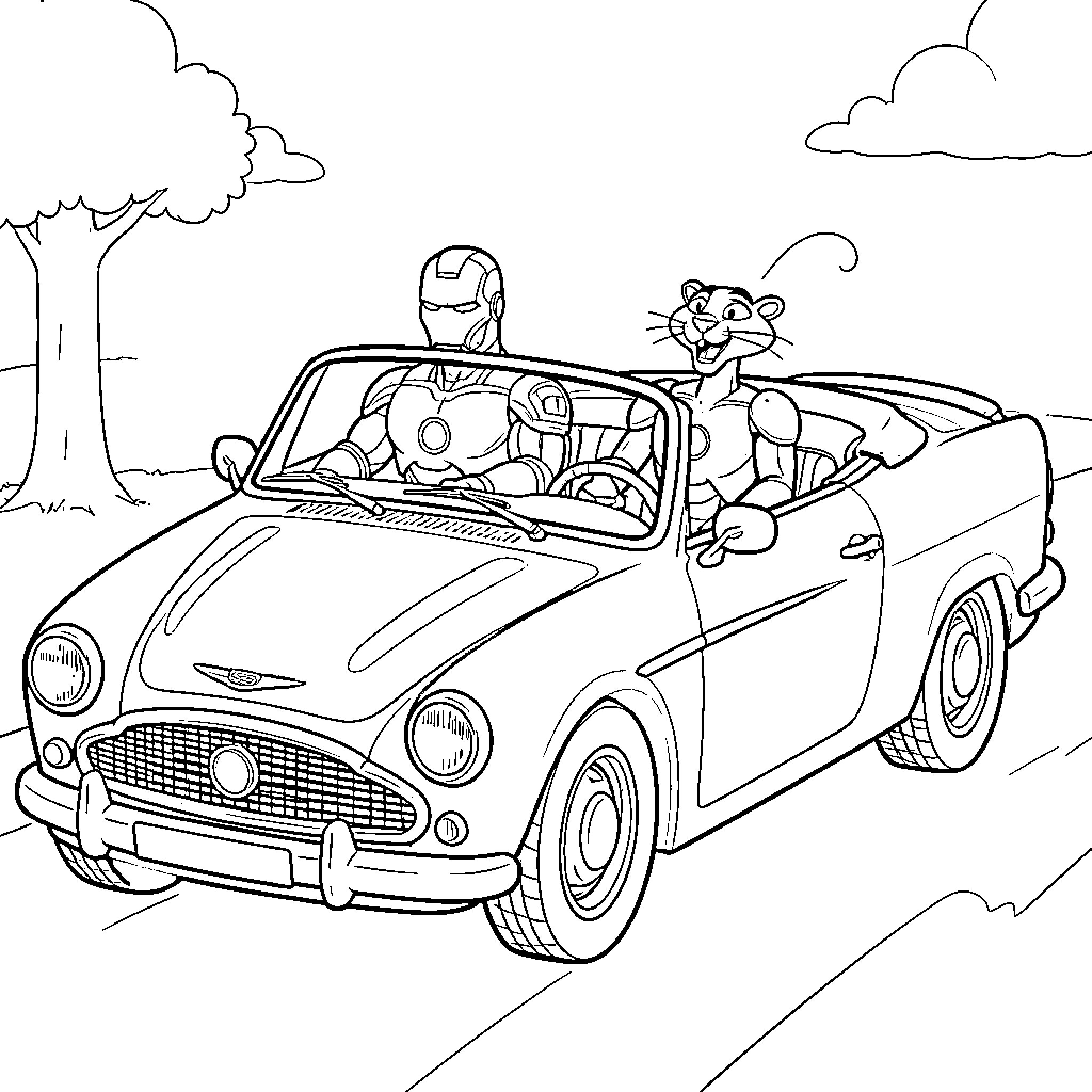 Iron Man drives vintage convertible with feline companion Coloring Page (free black-and-white line drawing printable PDF for all, from beginners to advanced learners, including children, teens, adults, and seniors)