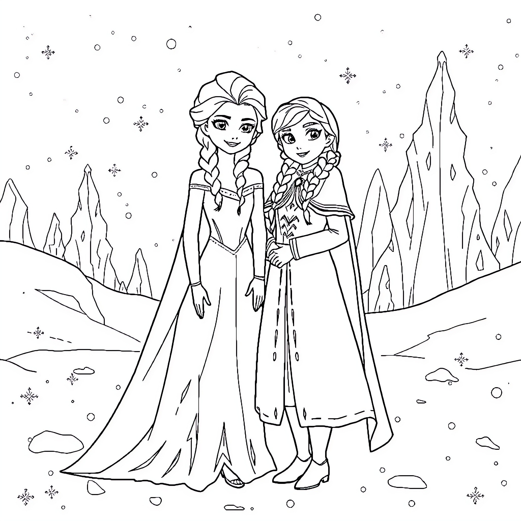 Frozen sisters standing in a snowy landscape Coloring Page (free black-and-white line drawing printable PDF for all, from beginners to advanced learners, including children, teens, adults, and seniors)