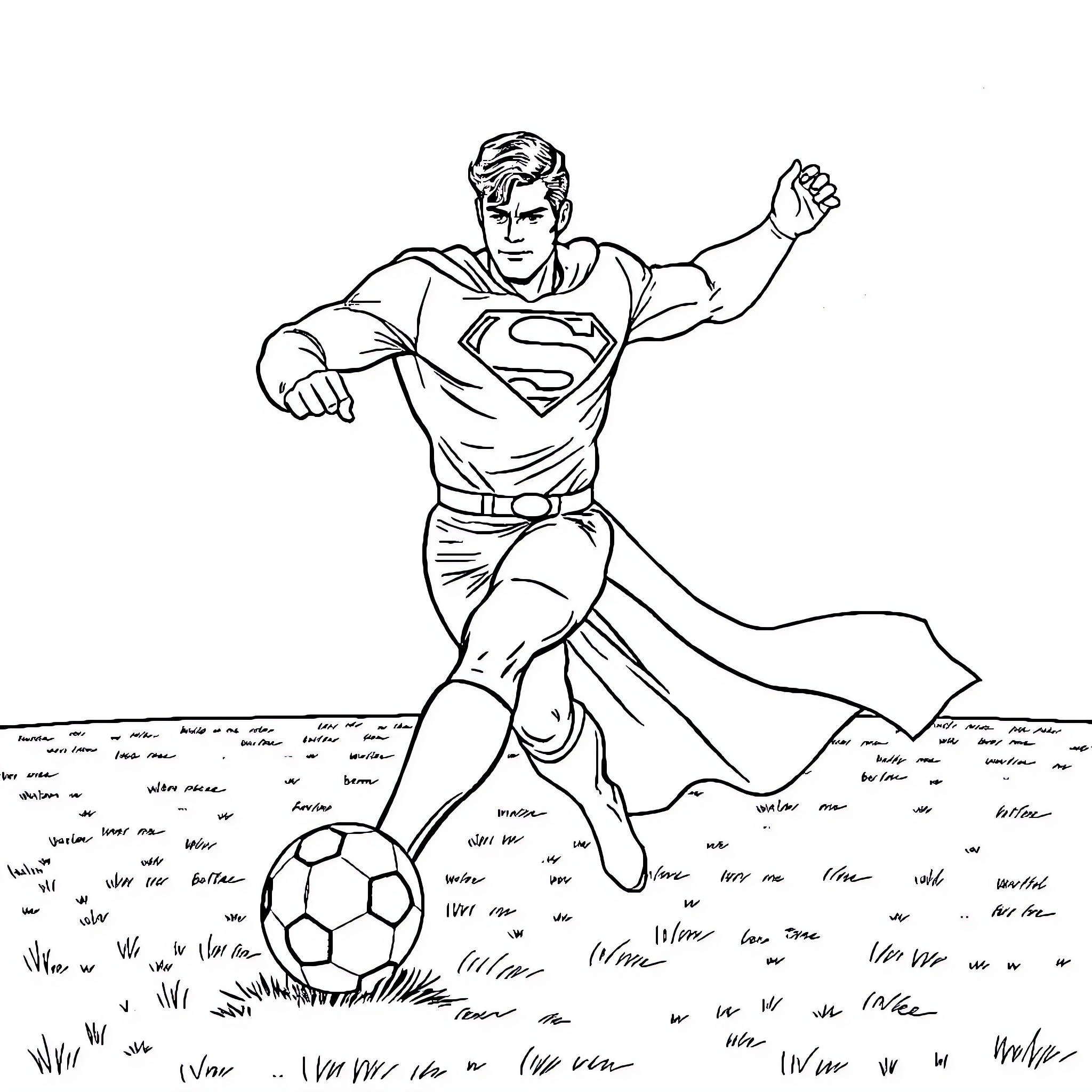 Superman playing with soccer ball in the field Coloring Page (free black-and-white line drawing printable PDF for all, from beginners to advanced learners, including children, teens, adults, and seniors)