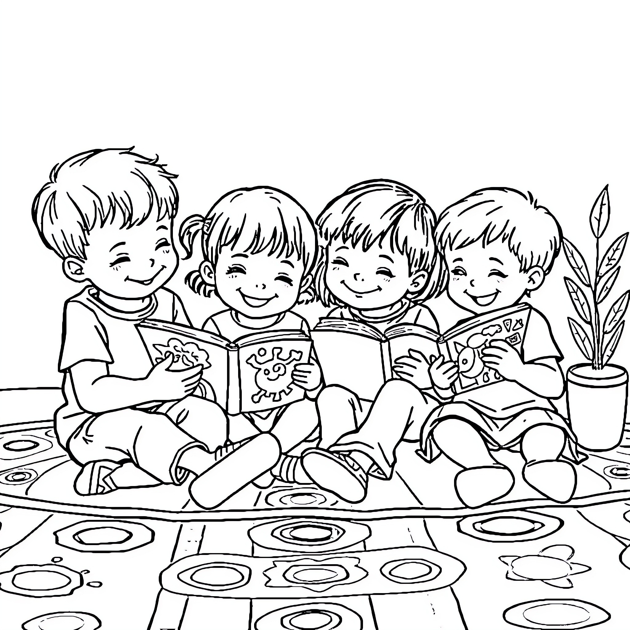 Children reading books happily together Coloring Page (free black-and-white line drawing printable PDF for all, from beginners to advanced learners, including children, teens, adults, and seniors)