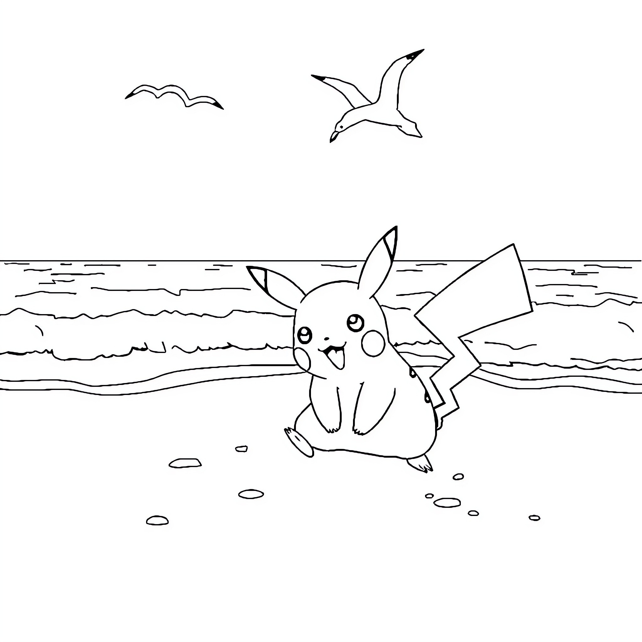 Pikachu playing on the beach with seagulls Coloring Page (free black-and-white line drawing printable PDF for all, from beginners to advanced learners, including children, teens, adults, and seniors)