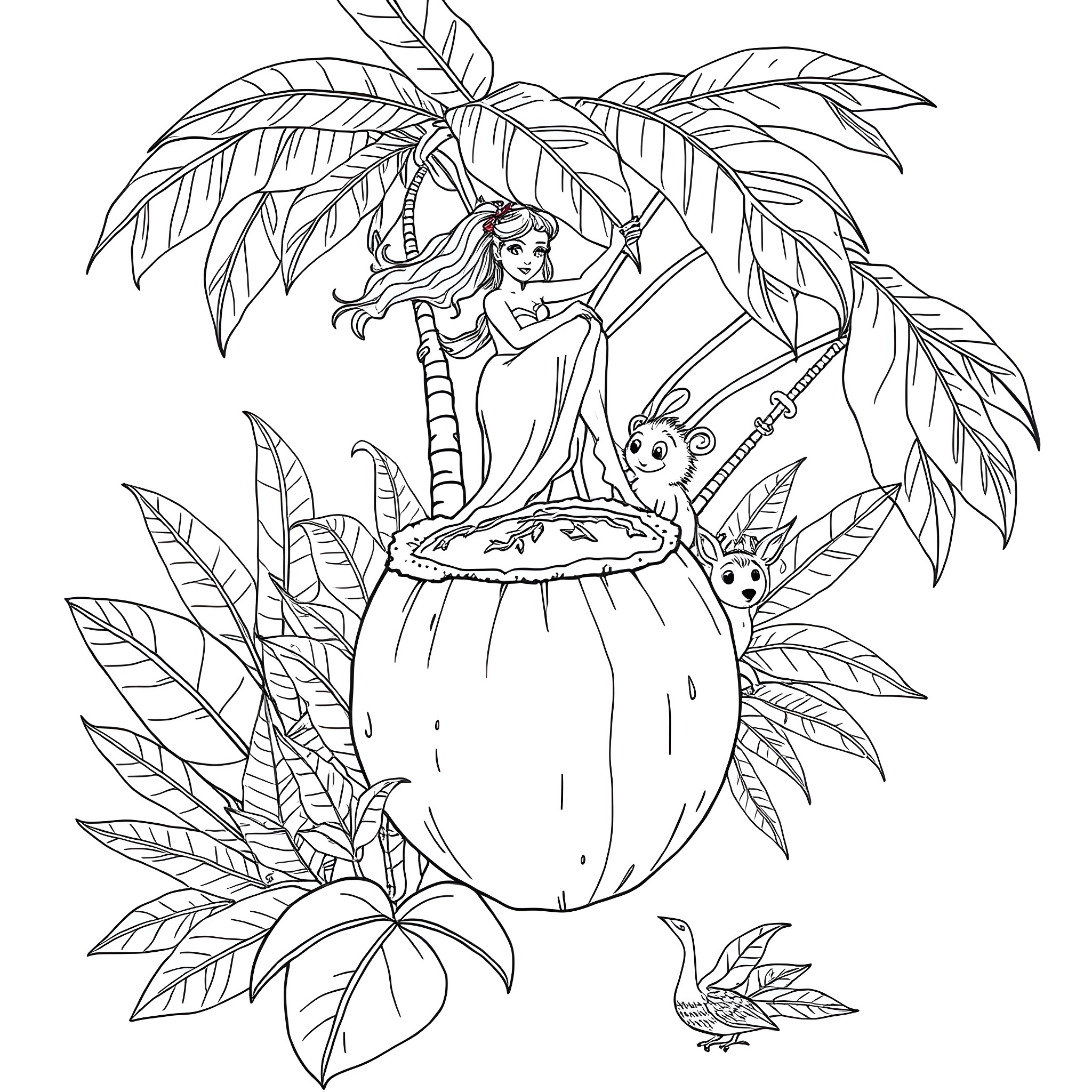Lady resting on a tropical palm tree with exotic animals Coloring Page (free black-and-white line drawing printable PDF for all, from beginners to advanced learners, including children, teens, adults, and seniors)