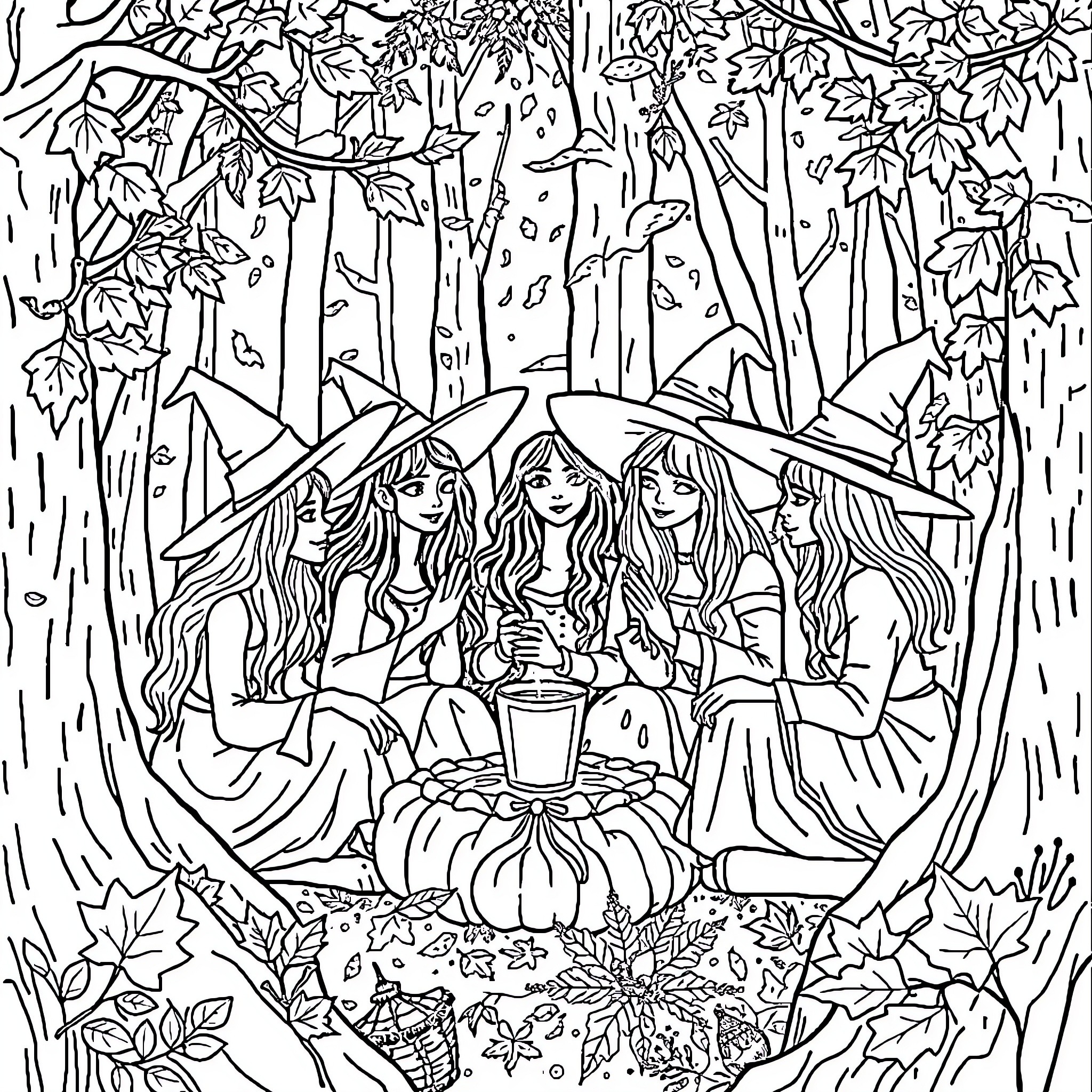 Friend's Enchanting Woodland Gathering Coloring Page (free black-and-white line drawing printable PDF for all, from beginners to advanced learners, including children, teens, adults, and seniors)
