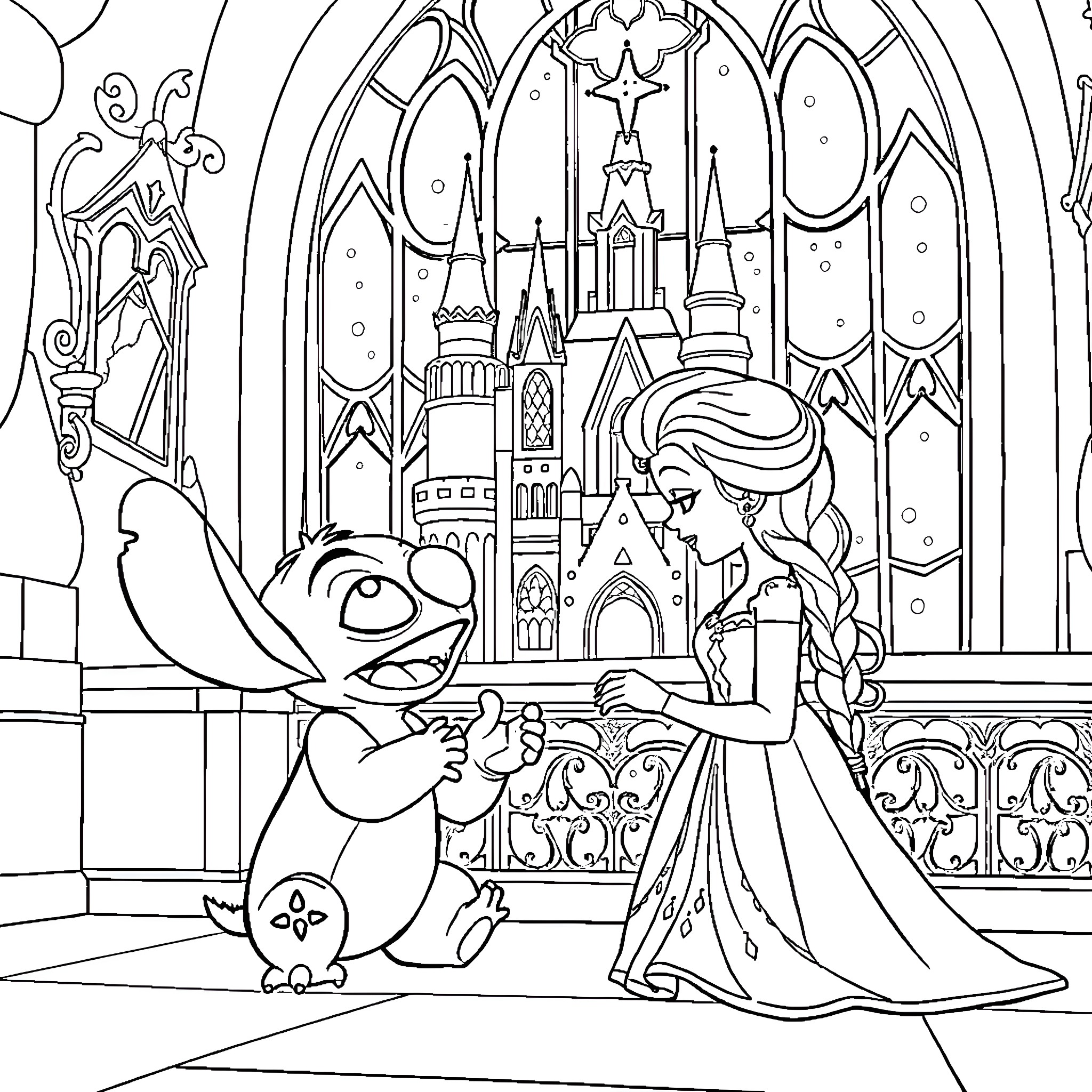 Stitch's Enchanting Adventure with Princess Coloring Page (free black-and-white line drawing printable PDF for all, from beginners to advanced learners, including children, teens, adults, and seniors)