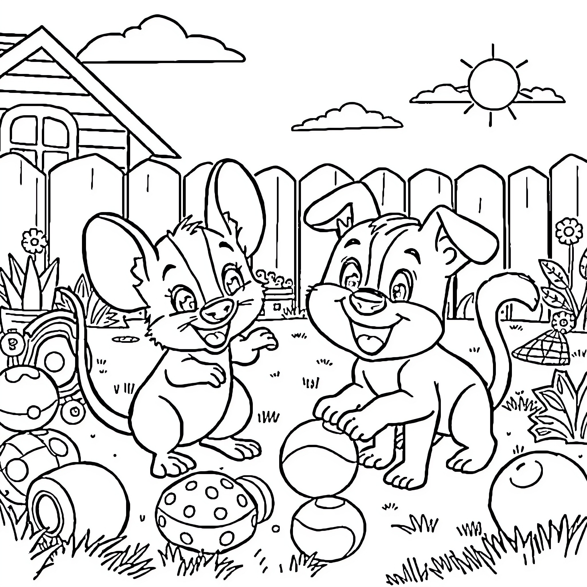 CatRat playing together in the garden Coloring Page (free black-and-white line drawing printable PDF for all, from beginners to advanced learners, including children, teens, adults, and seniors)
