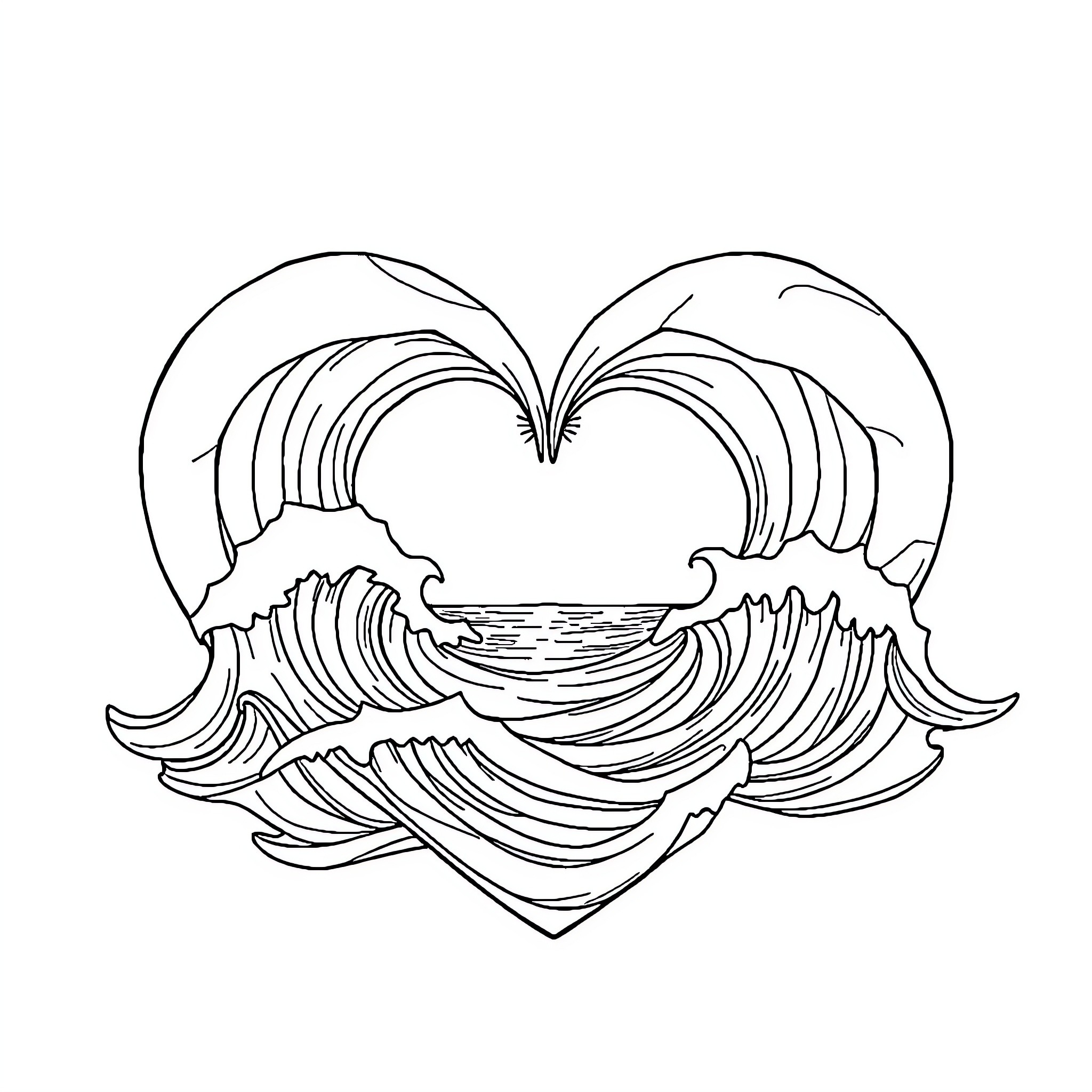 Loveheart shaped waves crashing on the shore Coloring Page (free black-and-white line drawing printable PDF for all, from beginners to advanced learners, including children, teens, adults, and seniors)
