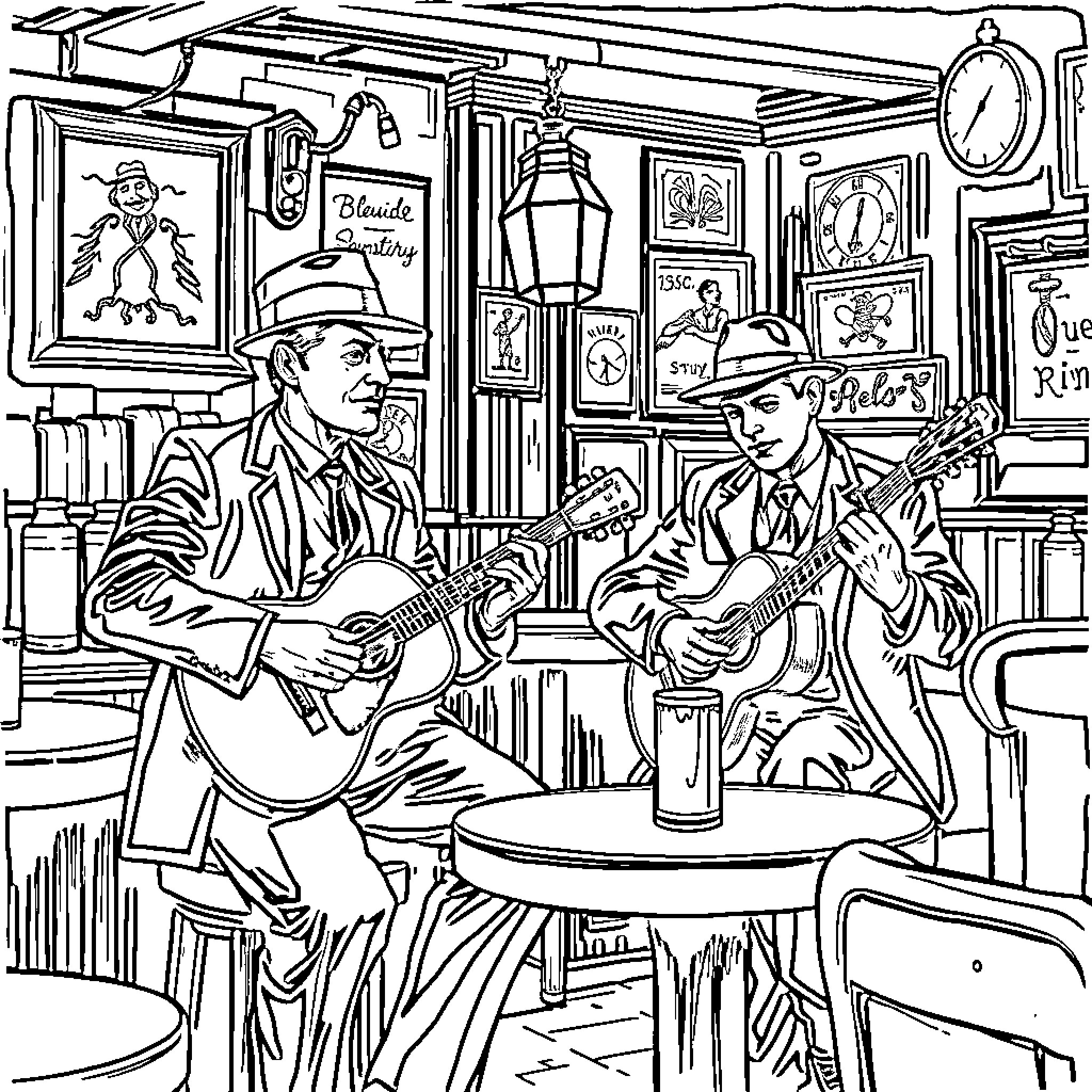 Peaky Blinders: Gangsters Jamming in Smoky Pub Coloring Page (free black-and-white line drawing printable PDF for all, from beginners to advanced learners, including children, teens, adults, and seniors)