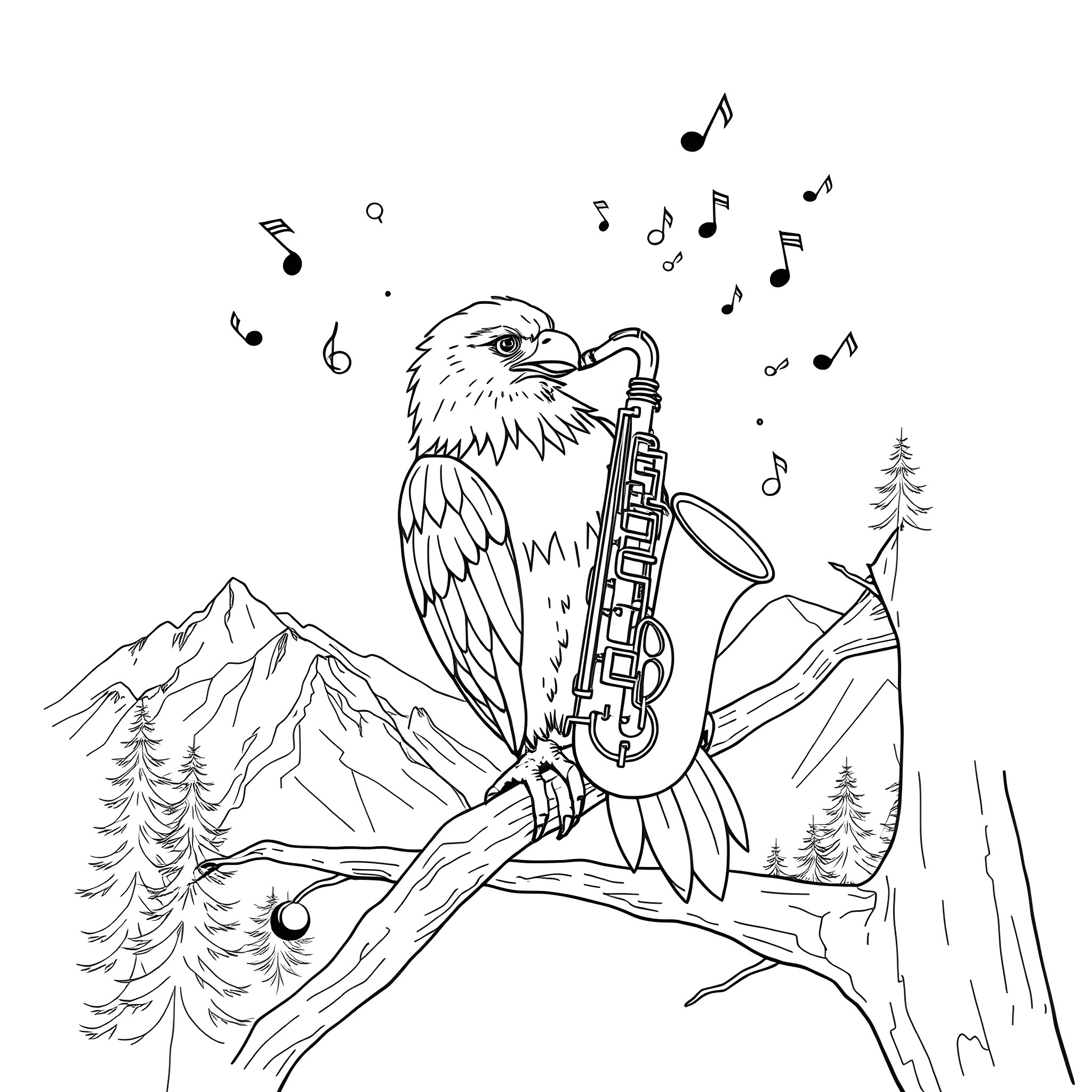 Eagle playing saxophone in the mountains Coloring Page (free black-and-white line drawing printable PDF for all, from beginners to advanced learners, including children, teens, adults, and seniors)