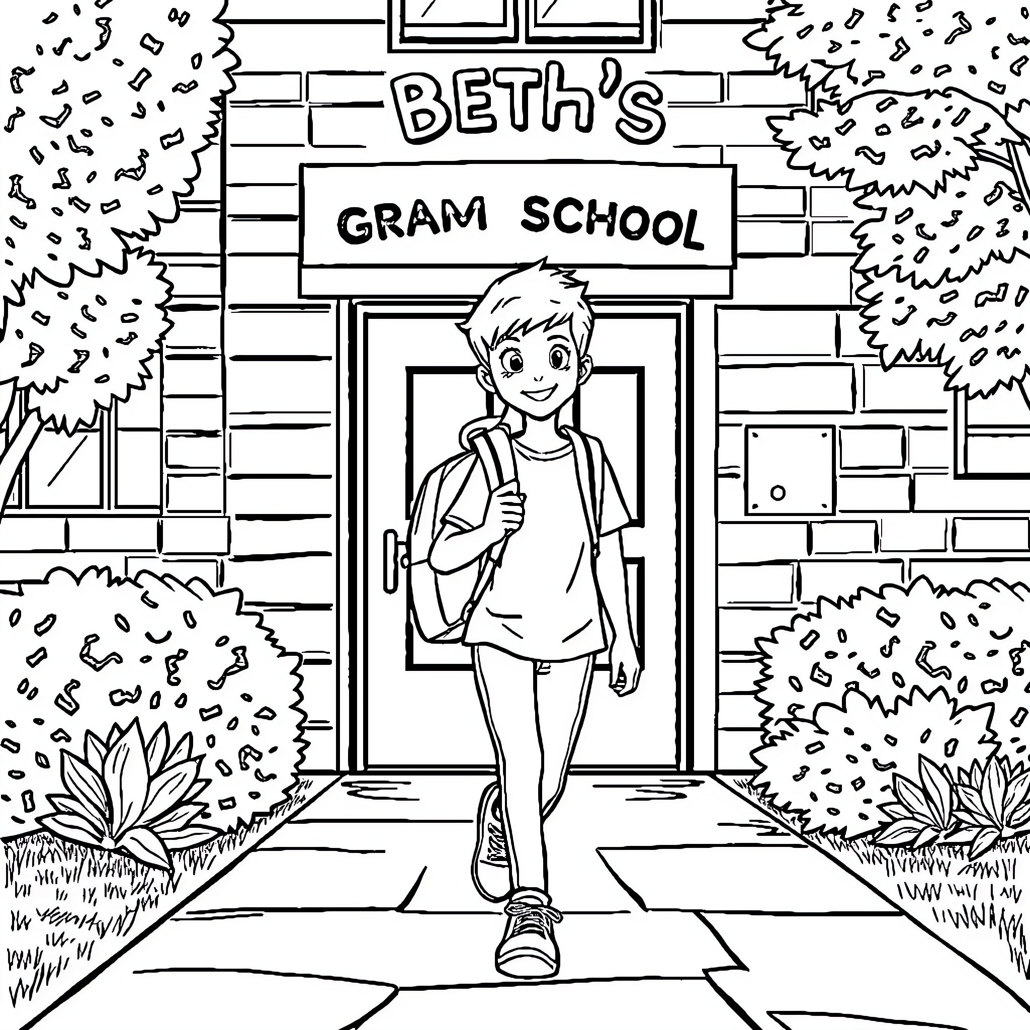 Student Entering Gram School Coloring Page (free black-and-white line drawing printable PDF for all, from beginners to advanced learners, including children, teens, adults, and seniors)