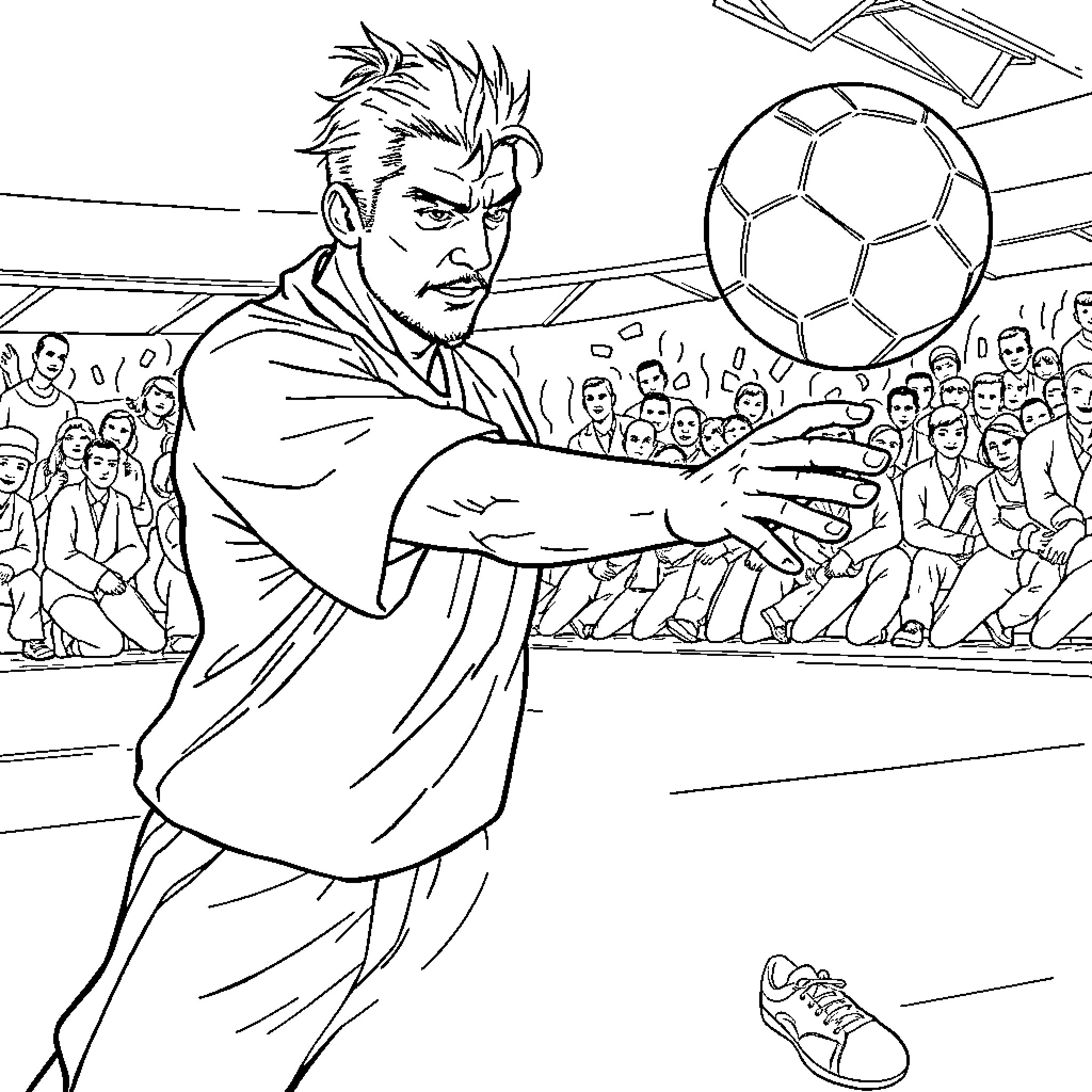 Sangoku Soccer Player Kicking Ball on Field Coloring Page (free black-and-white line drawing printable PDF for all, from beginners to advanced learners, including children, teens, adults, and seniors)