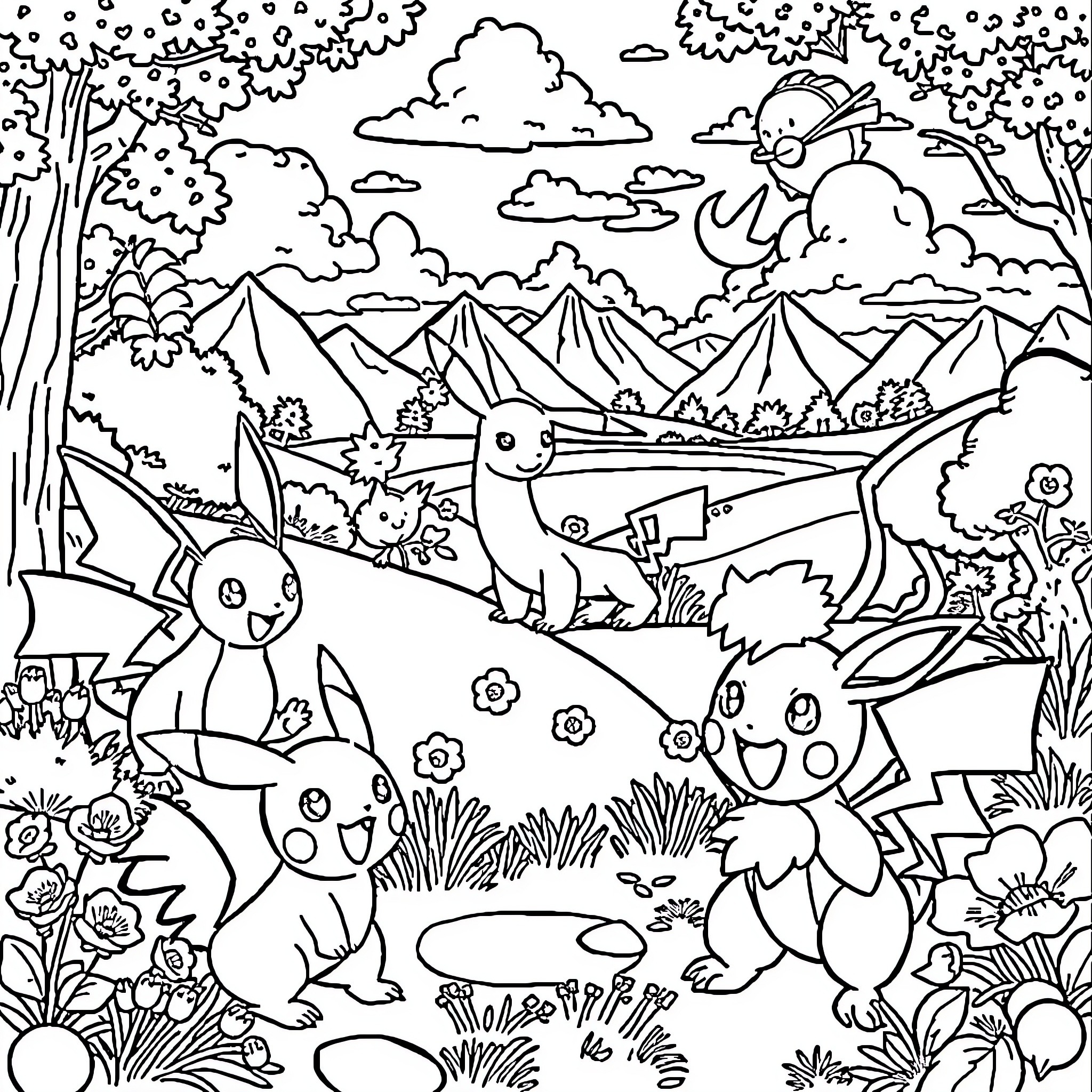 Pokémon characters playing in a nature-filled landscape Coloring Page (free black-and-white line drawing printable PDF for all, from beginners to advanced learners, including children, teens, adults, and seniors)