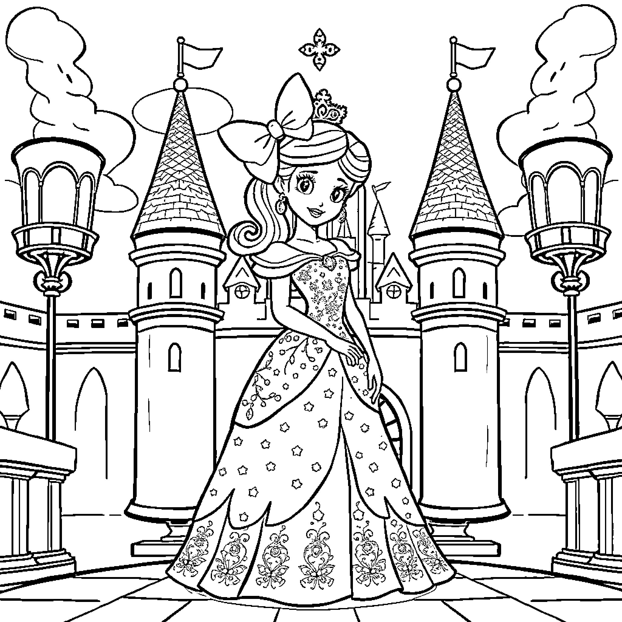 Princess in a Magnificent Castle Coloring Page (free black-and-white line drawing printable PDF for all, from beginners to advanced learners, including children, teens, adults, and seniors)