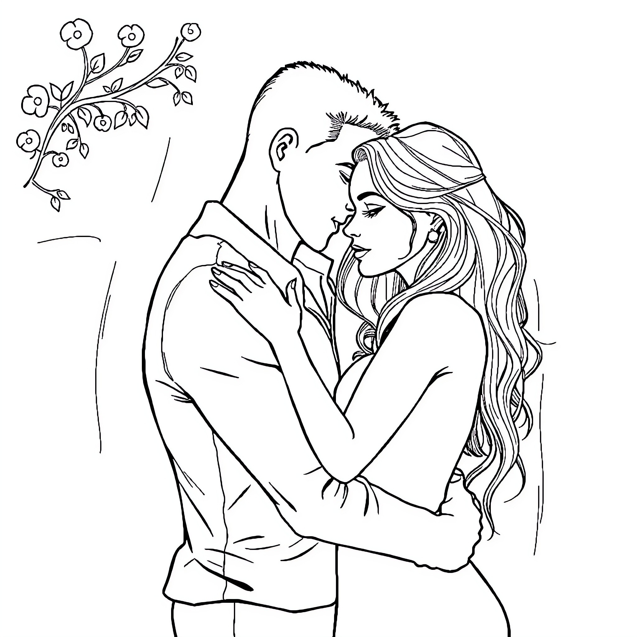 Man and Woman Embracing Tenderly Coloring Page (free black-and-white line drawing printable PDF for all, from beginners to advanced learners, including children, teens, adults, and seniors)